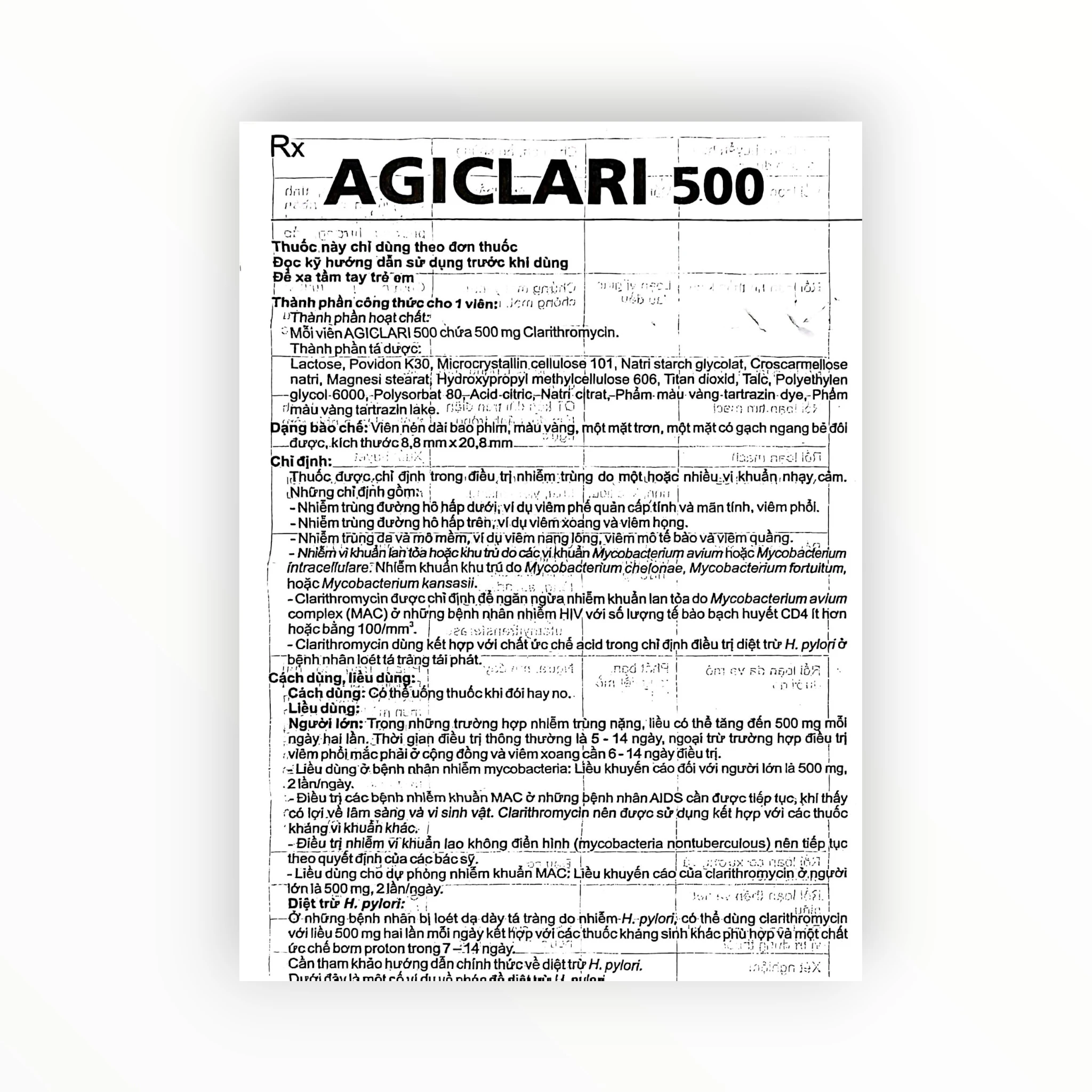 Viên nén bao phim Agiclari 500 Clarithromycin 500mg kháng khuẩn macrolid, trị nhiễm khuẩn hô hấp, da, H. pylori, MAC (Hộp 1 vỉ x 10 viên nén bao phim) 4 1 Agiclari 500 4