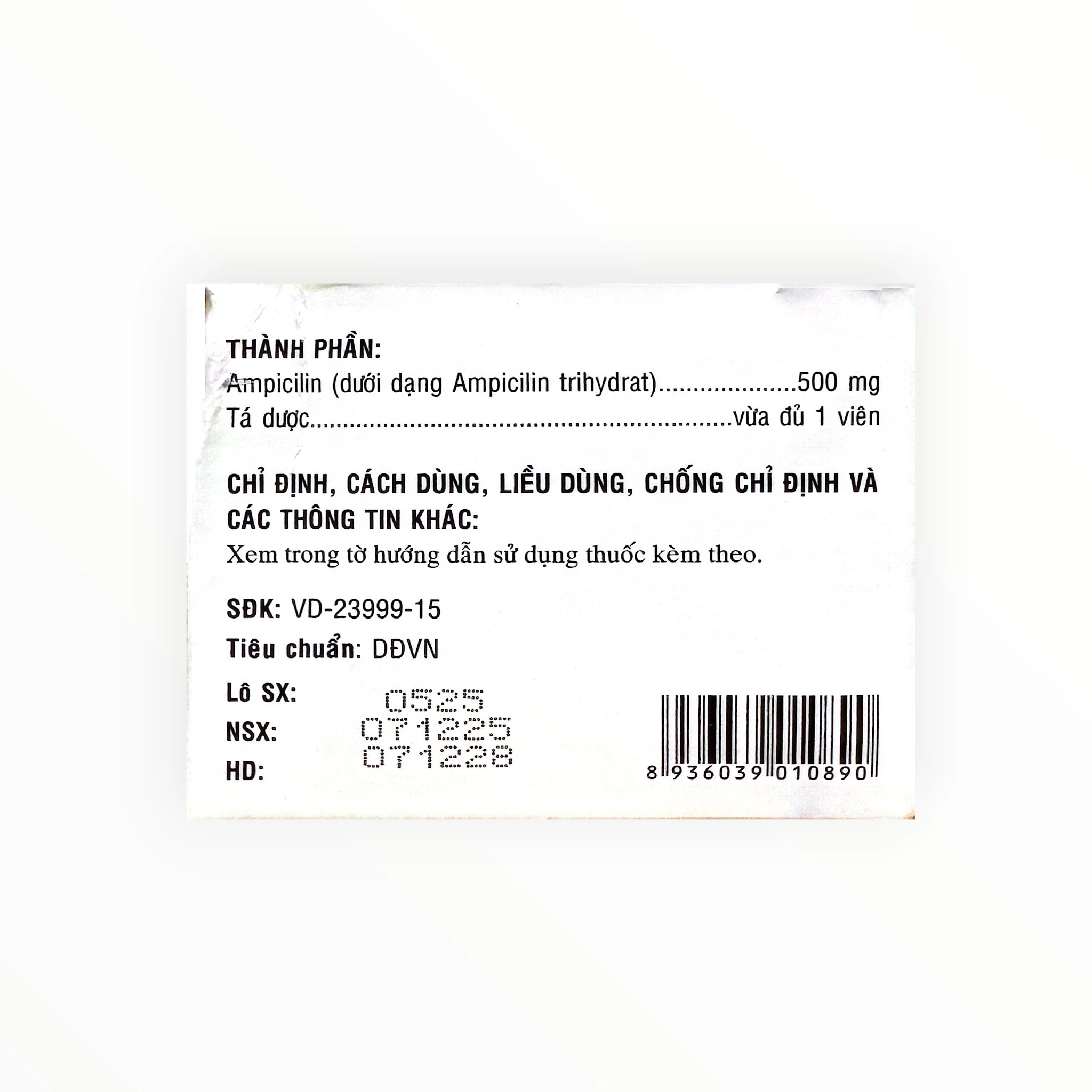 Viên nang cứng Ampicilline 500mg Ampicilin 500mg nhiễm khuẩn (Hộp 10 vỉ x 10 viên nang cứng) 1 1 Ampicilline 500mg