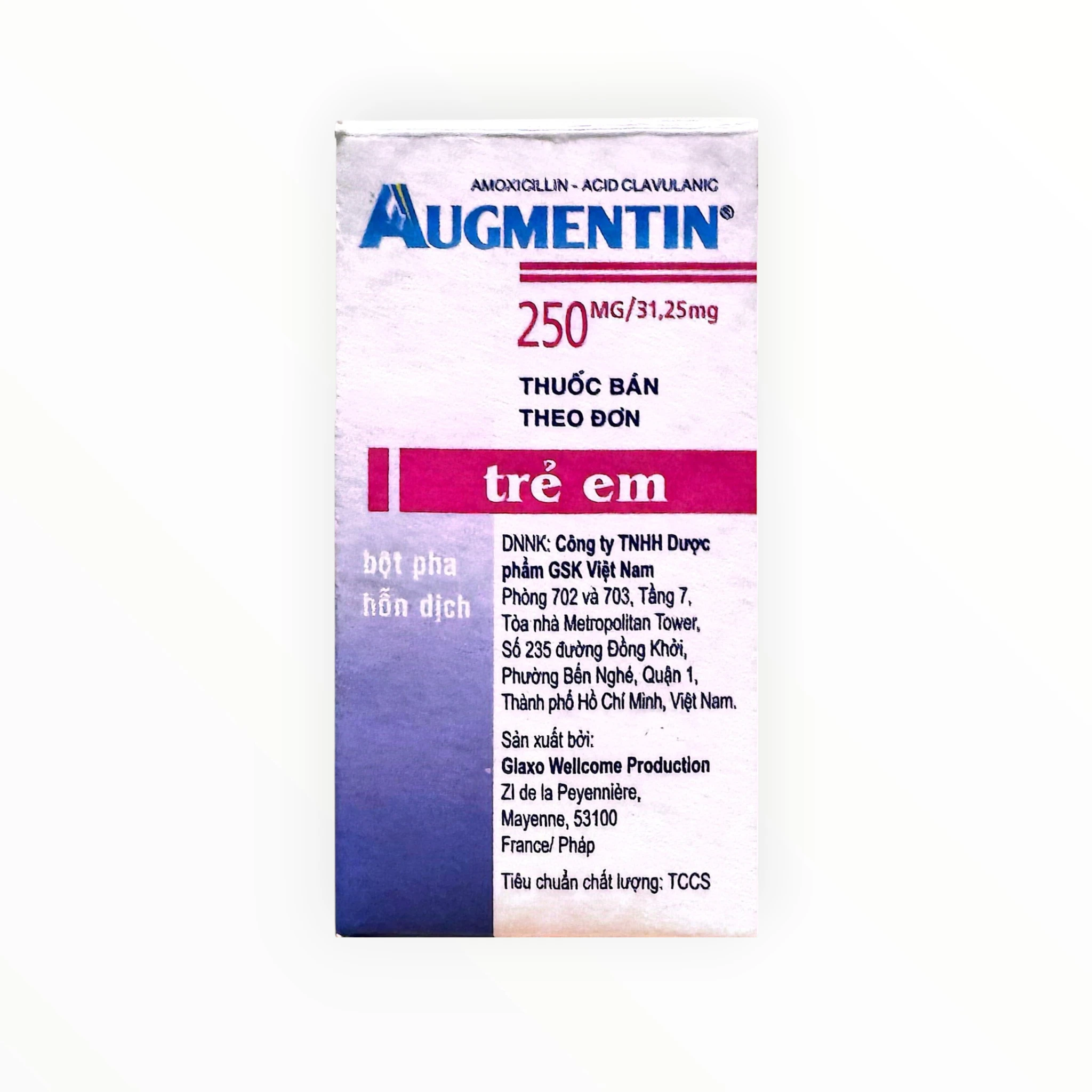 Bột pha hỗn dịch uống Augmentin 250mg Amoxicillin 250mg, Acid Clavulanic 31.25mg kháng khuẩn beta-lactam + ức chế beta-lactamase (Hộp 12 gói) 1 1 Augmentin 250mg