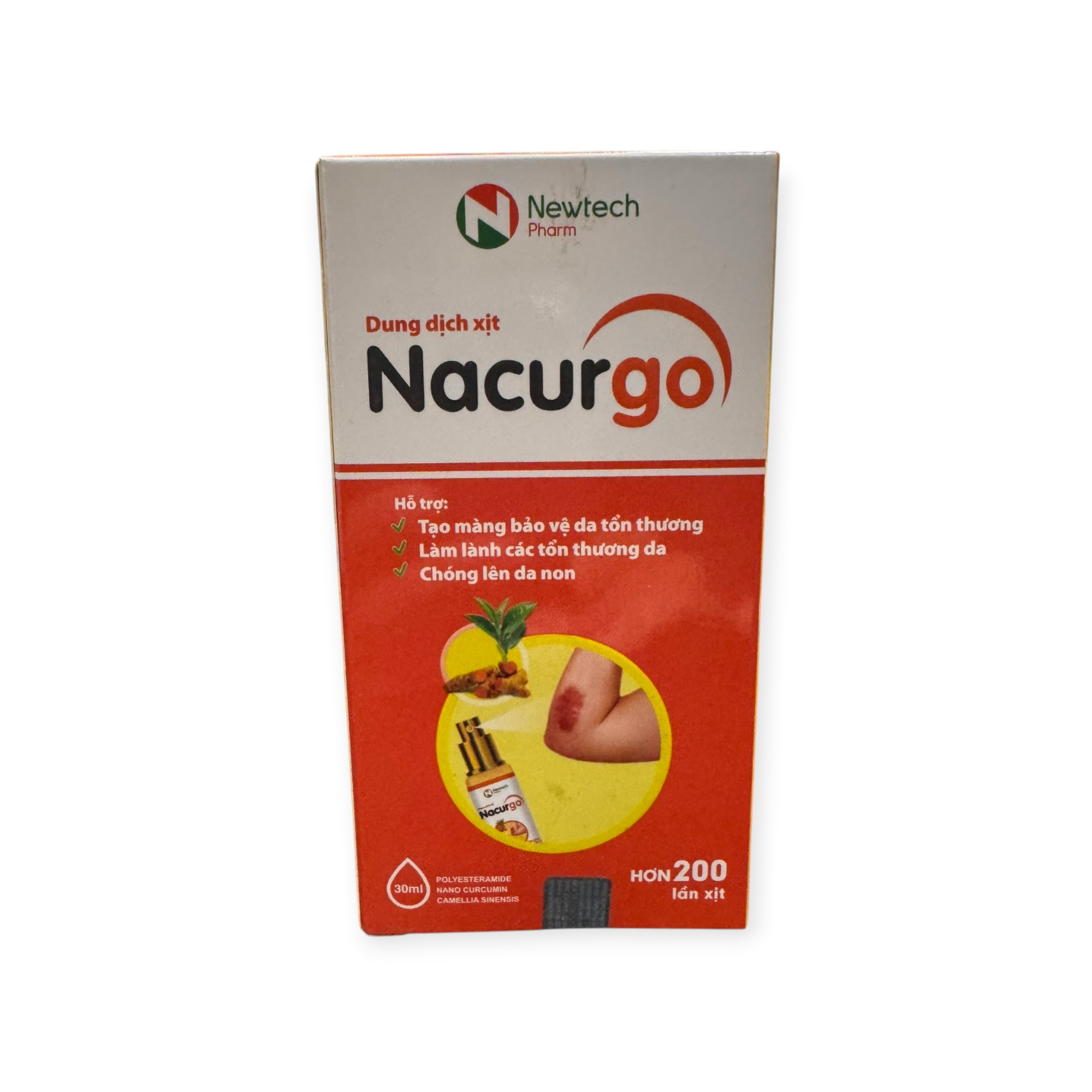 Dung dịch xịt Nacurgo Polyesteramide, Nano Curcumin, Chiết xuất Trà xanh tạo màng bảo vệ da, làm lành tổn thương da, lên da non (Chai xịt 30ml) 1 1 Nacurgo