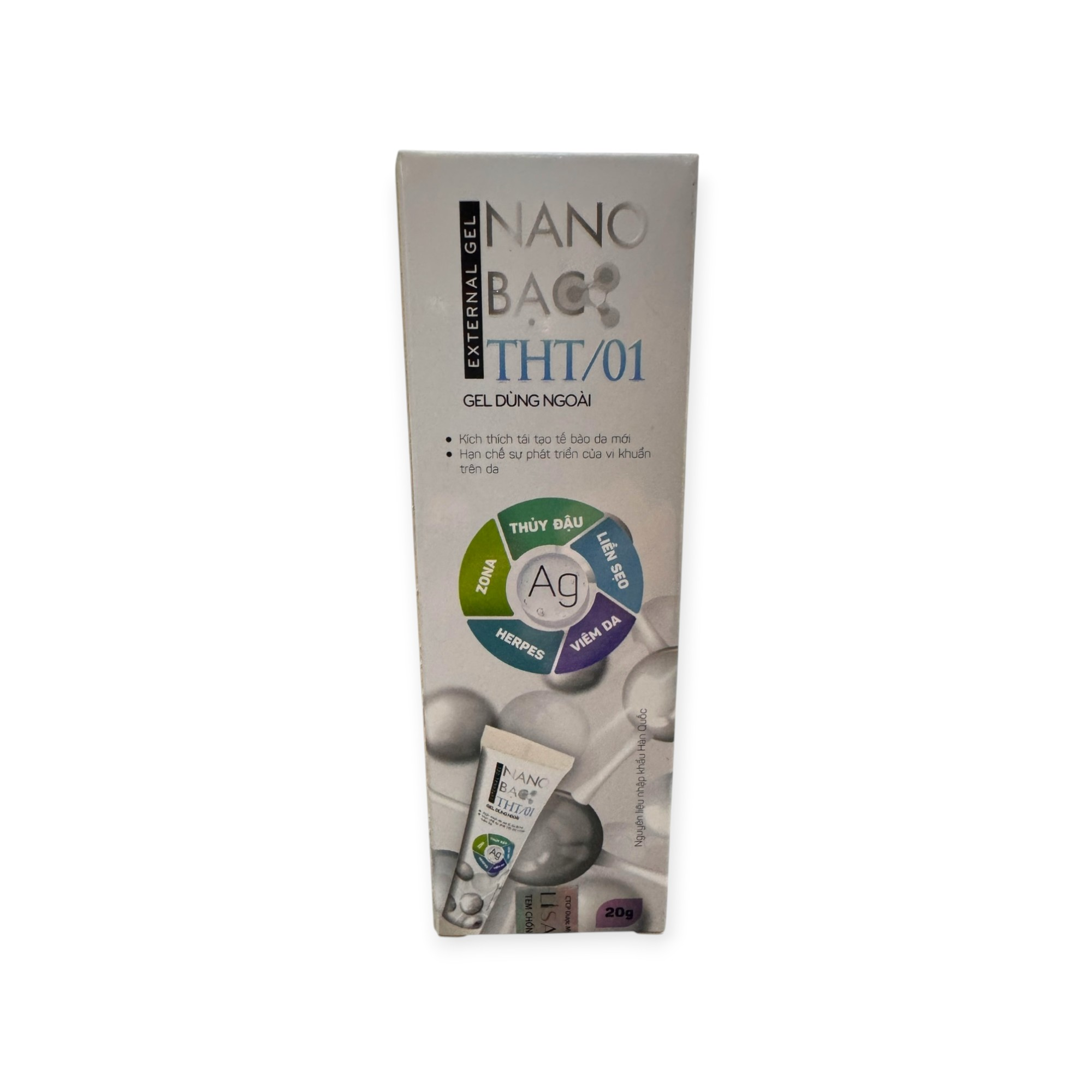 Gel Nano bạc THT/01 Nano bạc (Ag), Vitamin B5, Lô hội, Kẽm Oxyd, Hành Tây làm sạch da, kháng khuẩn, làm dịu mụn nhọt, mẩn ngứa, thủy đậu (Tuýp 20g) 1 1 Nano bạc tht