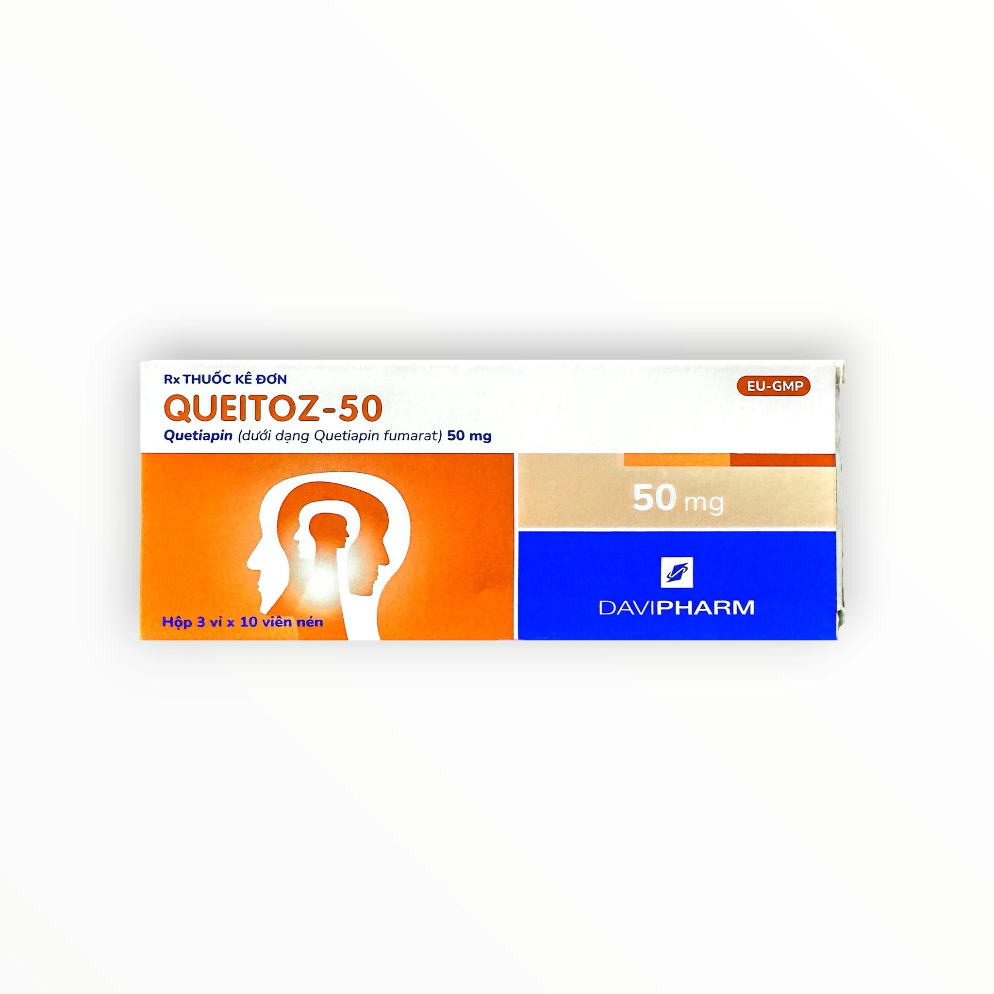 Viên nén Queitoz-50 Quetiapin 50 mg điều trị tâm thần phân liệt, rối loạn lưỡng cực (Hộp 3 vỉ x 10 viên nén) 1 1 Queitoz 50 Davipharm (Queitoz 50 Davipharm)