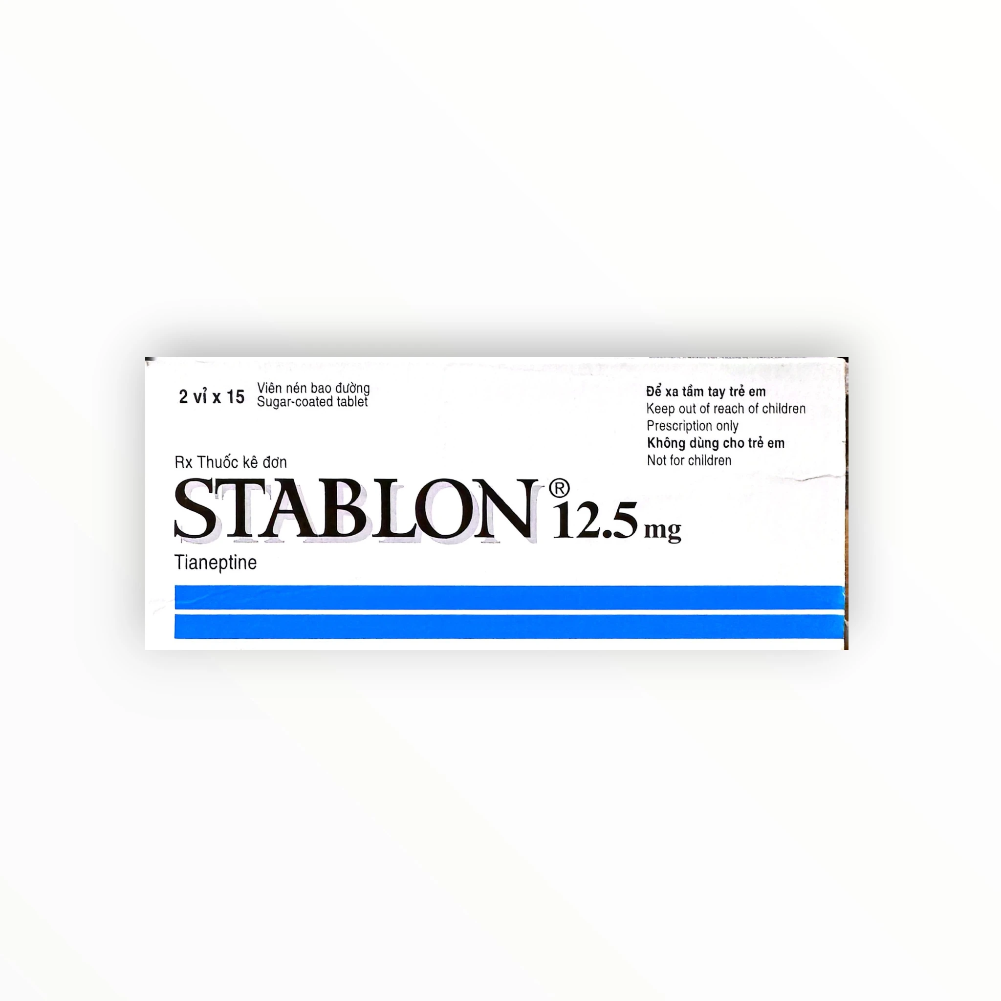 Viên nén bao đường Stablon 12.5mg Tianeptin 12,5 mg điều trị trầm cảm (Hộp 2 vỉ x 15 viên nén bao đường) 1 1 Stablon12.5 (Stablon12.5)
