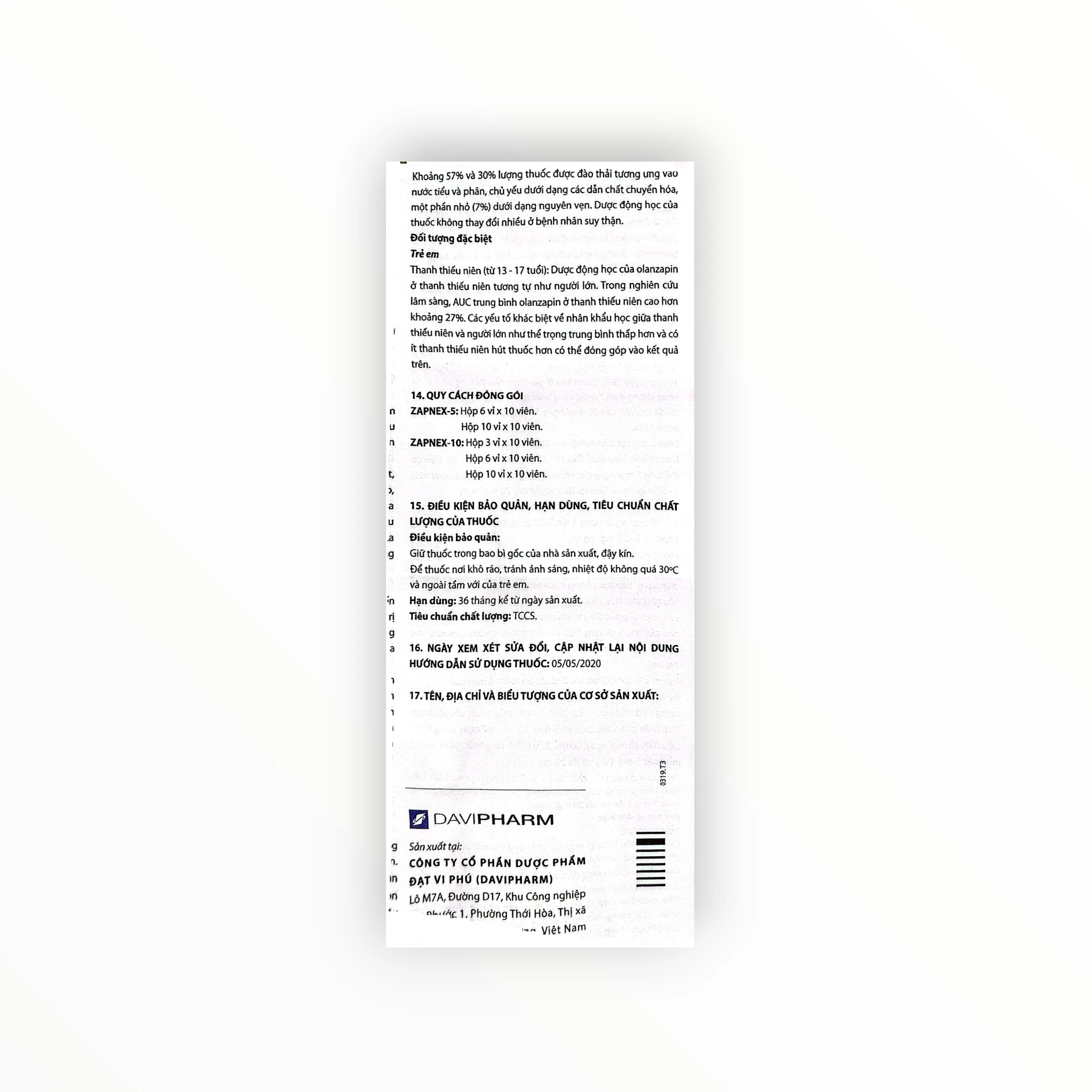 Viên nén bao phim Zapnex-5 Olanzapin 5 mg điều trị tâm thần phân liệt, rối loạn lưỡng cực (Hộp 6 vỉ x 10 viên nén bao phim) 11 11 Zapnex 5 = (Zapnex 5 =)