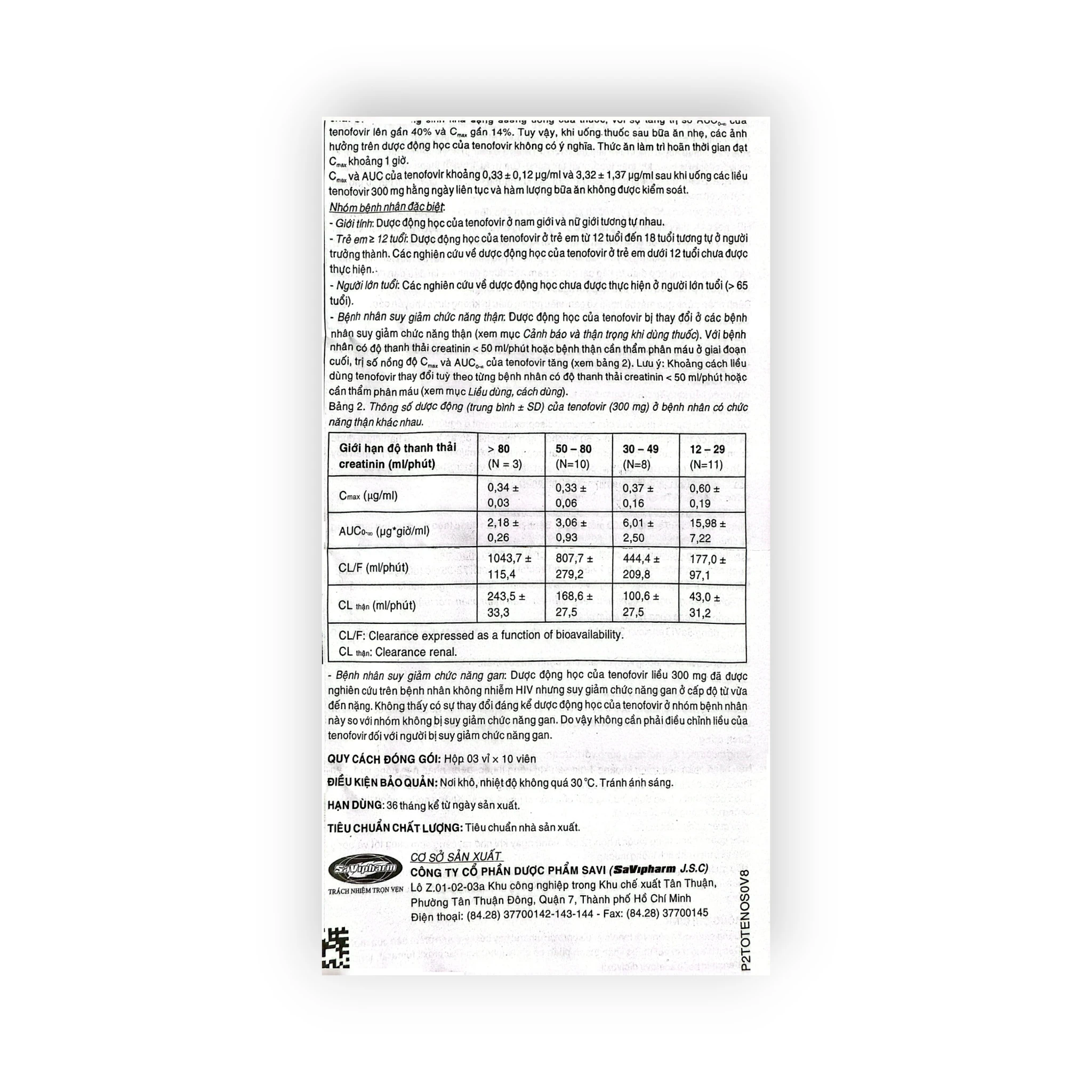 Viên nén bao phim SaVi Tenofovir 300 Tenofovir disoproxil fumarat 300 mg điều trị HIV, viêm gan B (Hộp 3 vỉ x 10 viên nén bao phim) 12 12 Tenofovir 300 Savi