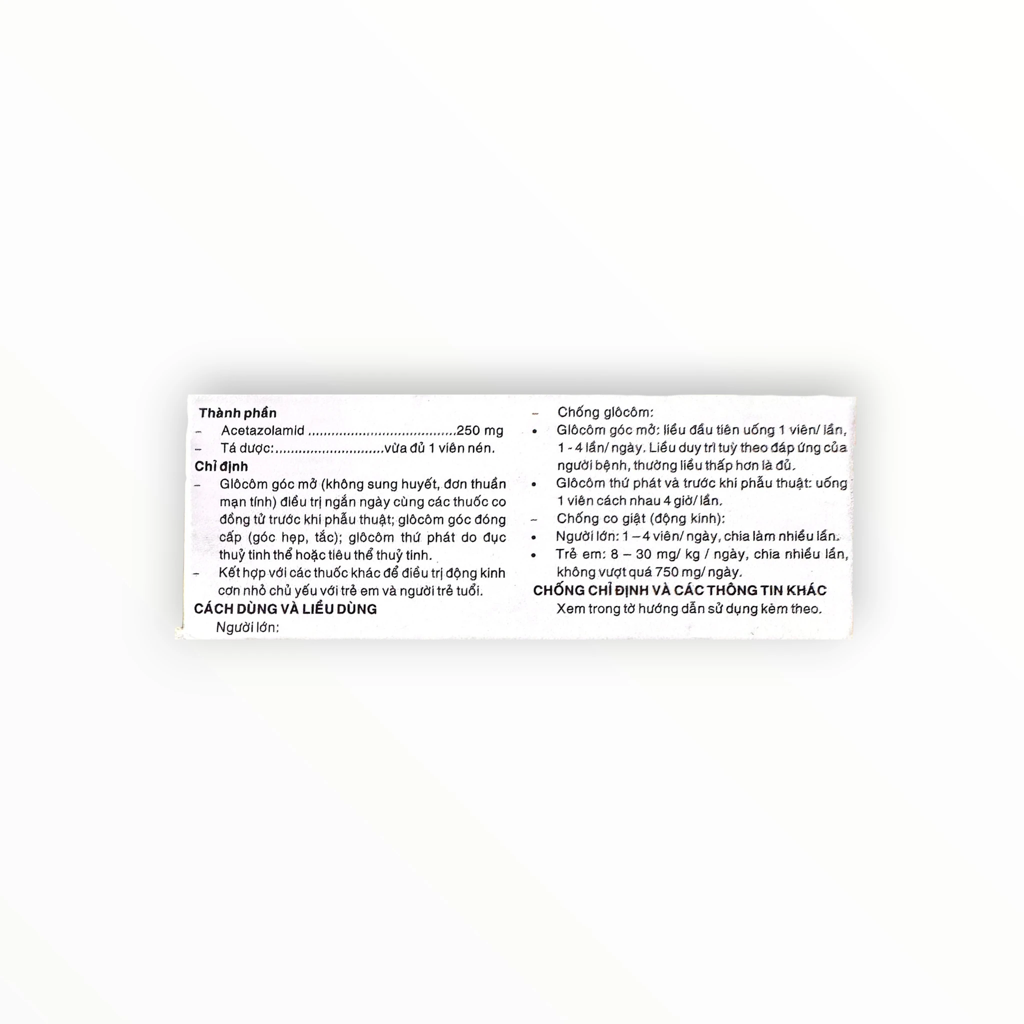 Viên nén Acetazolamid 250 mg điều trị glôcôm, động kinh cơn nhỏ (Hộp 10 vỉ x 10 viên nén) 2 2 Acetazolamid