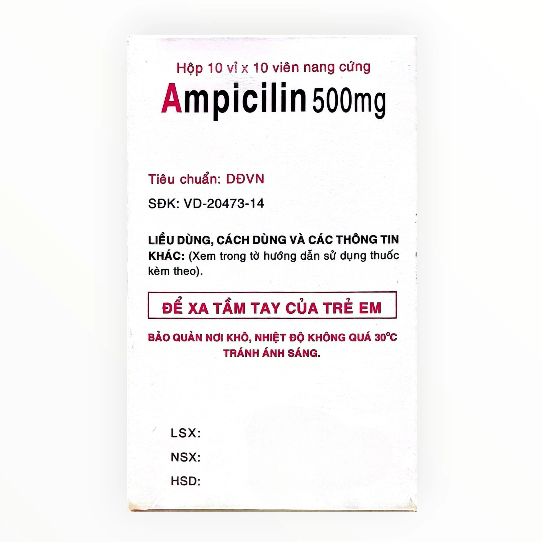 Viên nang cứng Ampicillin 500mg Ampicillin 500mg nhiễm khuẩn hô hấp, lậu, Listeria (Hộp 10 vỉ x 10 viên nang cứng) 2 2 Ampicillin 500mg