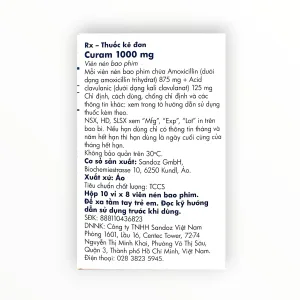 Viên nén bao phim Curam 1000mg Amoxicillin 875mg + Acid clavulanic 125mg kháng khuẩn nhóm beta-lactam + ức chế beta-lactamase (Hộp 10 vỉ x 8 viên nén bao phim) 4 2 Curon 1000mg