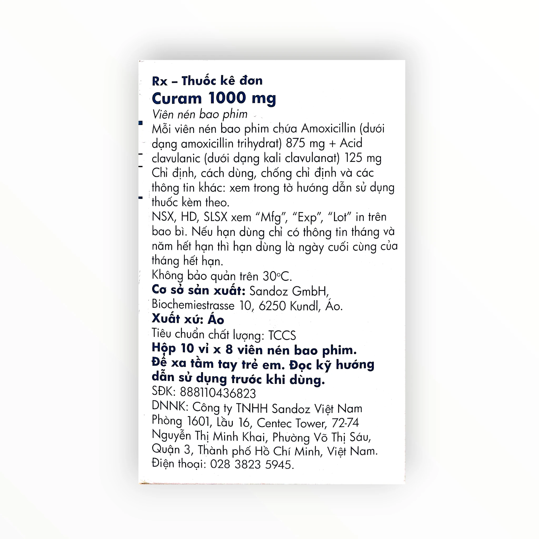 Viên nén bao phim Curam 1000mg Amoxicillin 875mg + Acid clavulanic 125mg kháng khuẩn nhóm beta-lactam + ức chế beta-lactamase (Hộp 10 vỉ x 8 viên nén bao phim) 2 2 Curon 1000mg