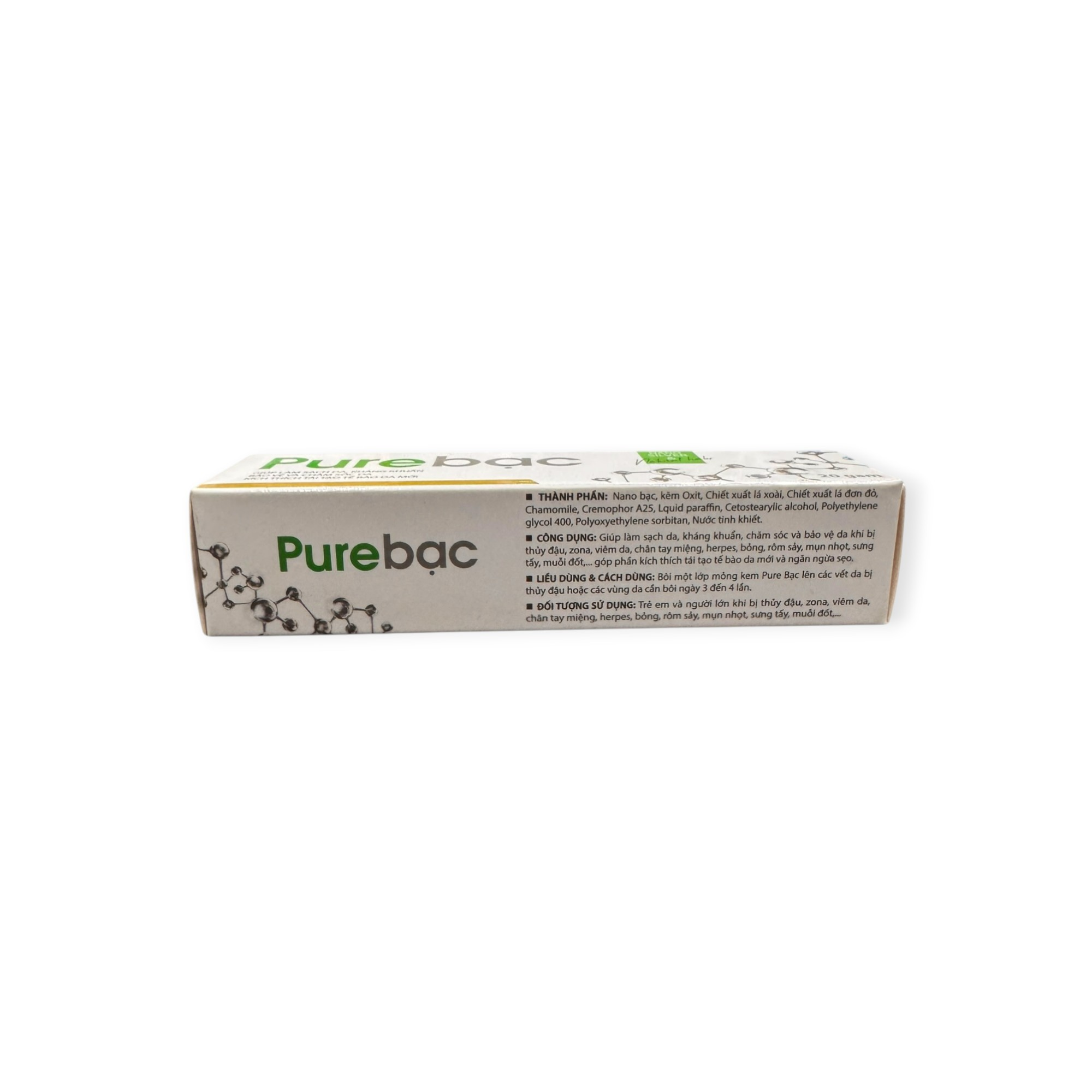 Kem Pure bạc (Purebac) Nano bạc, Kẽm Oxyd, Chiết xuất lá xoài, Chamomile làm sạch da, kháng khuẩn, chăm sóc thủy đậu, zona, viêm da (Tuýp 20g) 2 2 Pure bạc