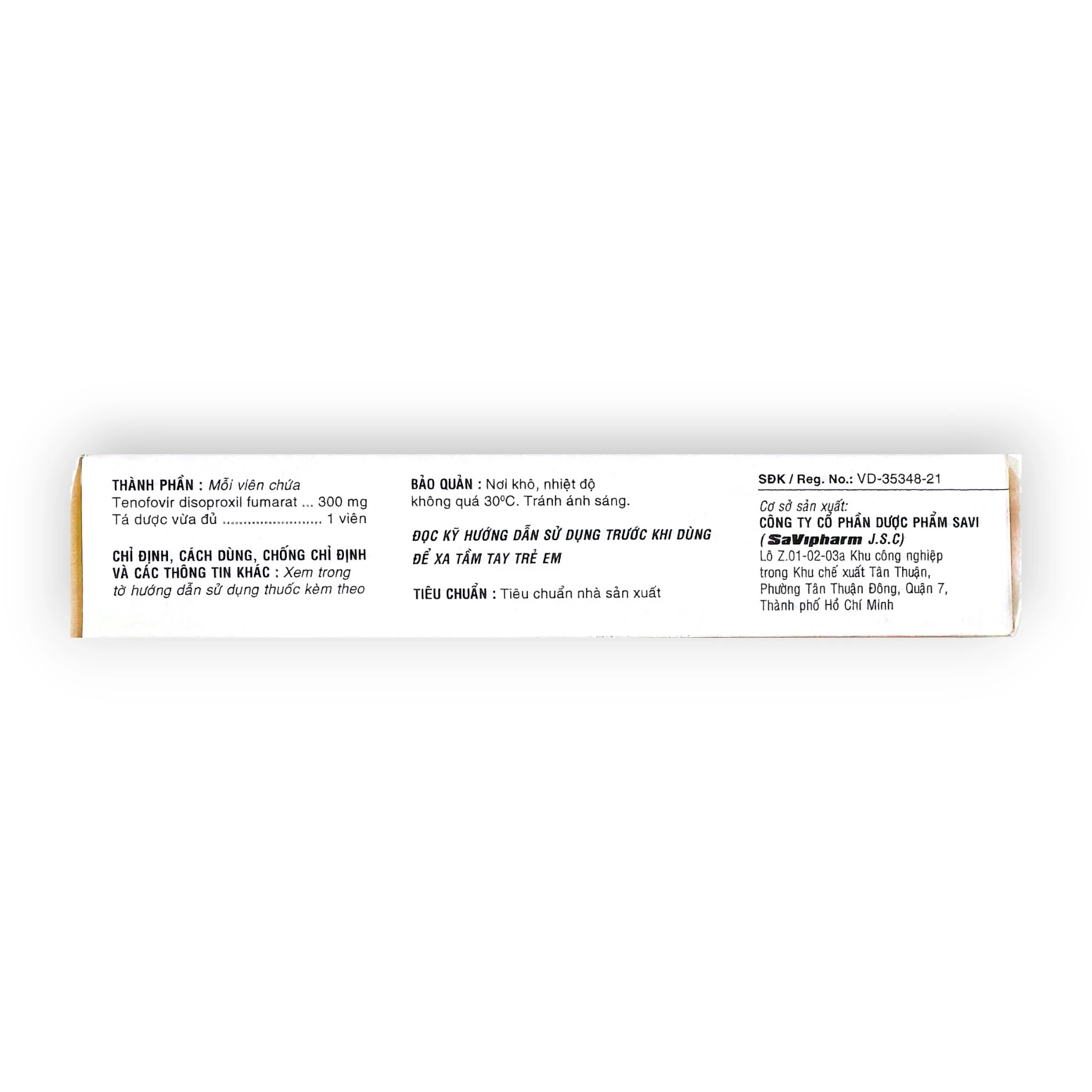 Viên nén bao phim SaVi Tenofovir 300 Tenofovir disoproxil fumarat 300 mg điều trị HIV, viêm gan B (Hộp 3 vỉ x 10 viên nén bao phim) 2 2 Tenofovir 300 Savi