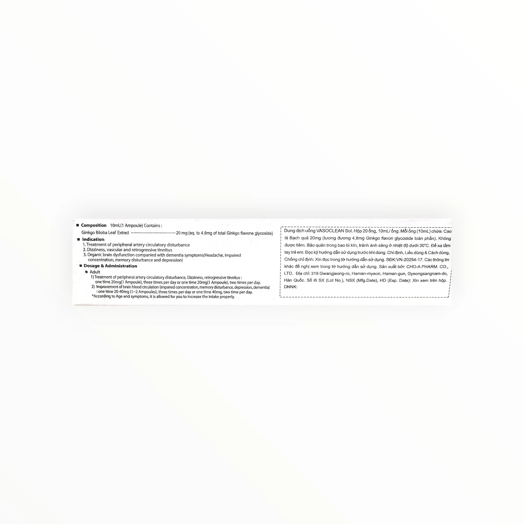Thuốc Vasoclean Cao lá Bạch quả 20 mg cải thiện tuần hoàn máu não (Hộp 20 ống x 10 mL) 2 2 Vasoclean (Vasoclean)