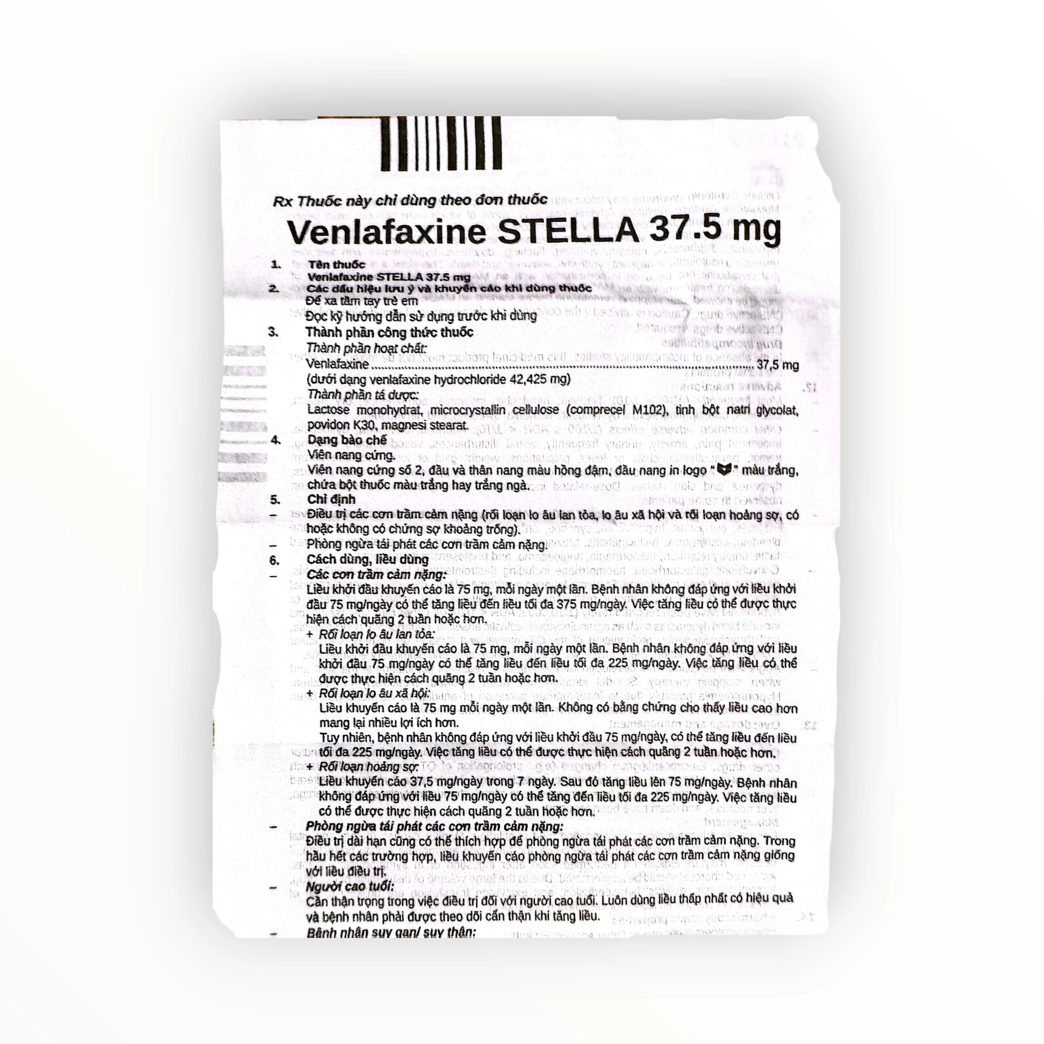Thuốc Venlafaxine STELLA 37.5 mg điều trị trầm cảm nặng, rối loạn lo âu (Hộp 6 vỉ x 10 viên nang cứng) 2 2 Venlafaxine stella 37.5