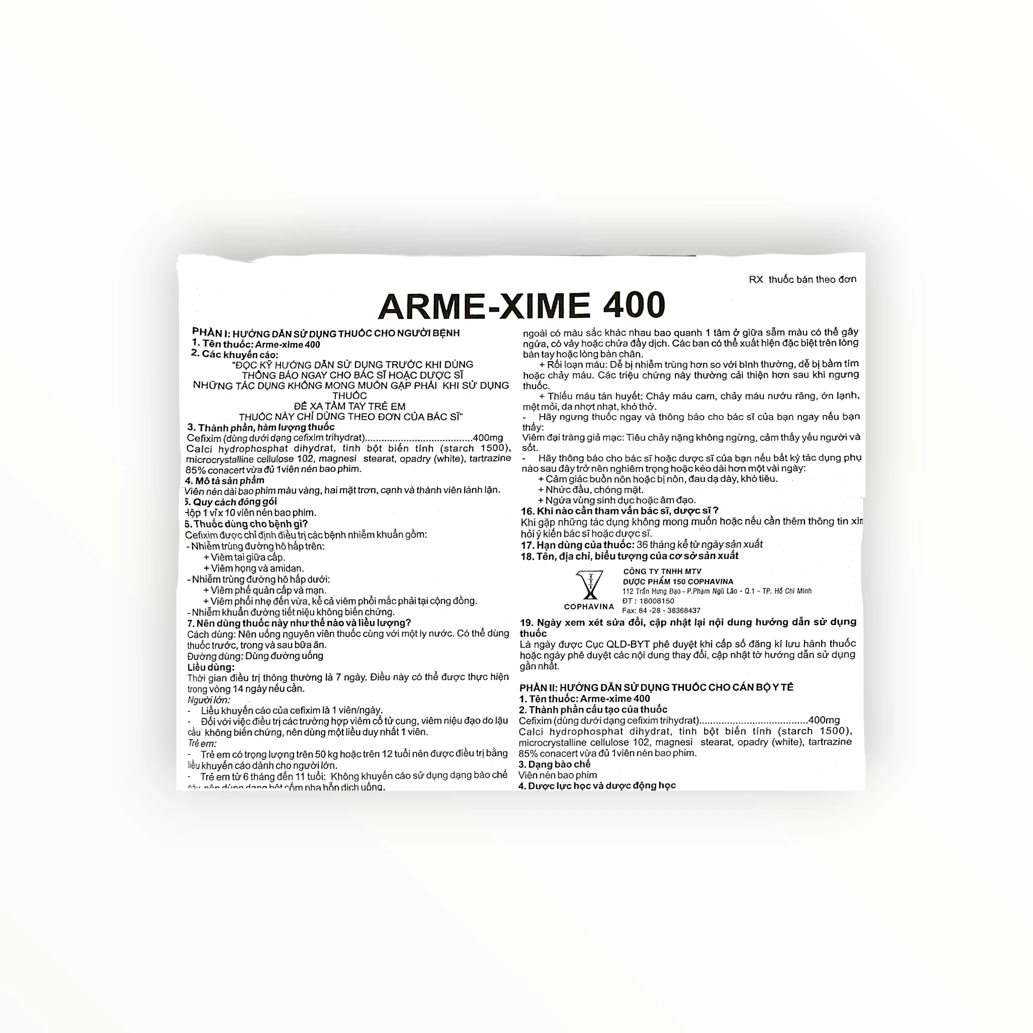 Viên nén bao phim Arme-Xime 400 Cefixim 400mg kháng khuẩn cephalosporin thế hệ 3 (Hộp 1 vỉ x 10 viên nén bao phim) 3 3 Arme xime400