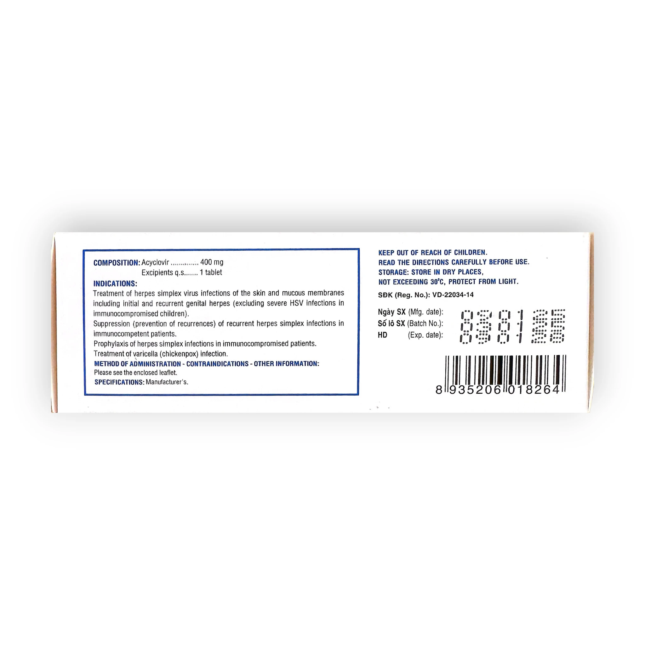 Viên nén Medskin Clovir 400 Acyclovir 400 mg kháng virus Herpes simplex, dự phòng tái phát (Hộp 6 vỉ x 10 viên nén) 3 3 Medskin clovir 400
