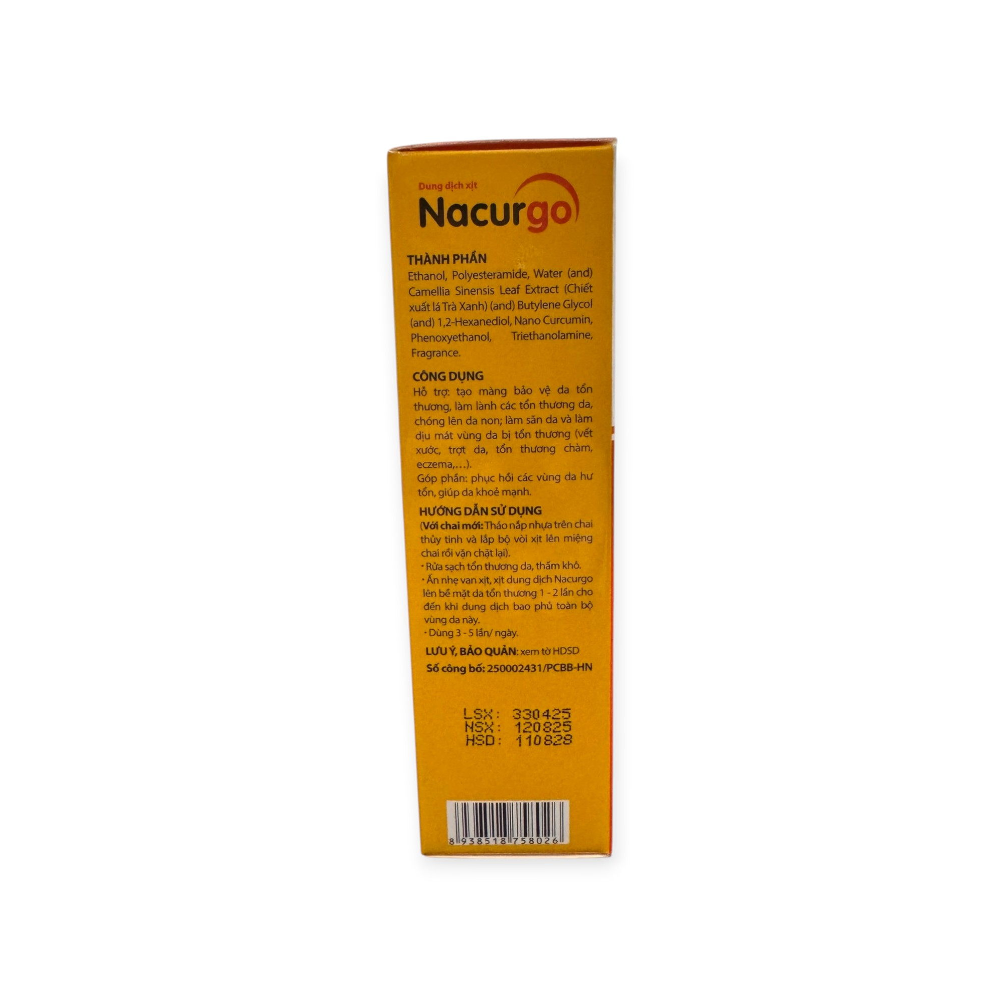 Dung dịch xịt Nacurgo Polyesteramide, Nano Curcumin, Chiết xuất Trà xanh tạo màng bảo vệ da, làm lành tổn thương da, lên da non (Chai xịt 30ml) 3 3 Nacurgo