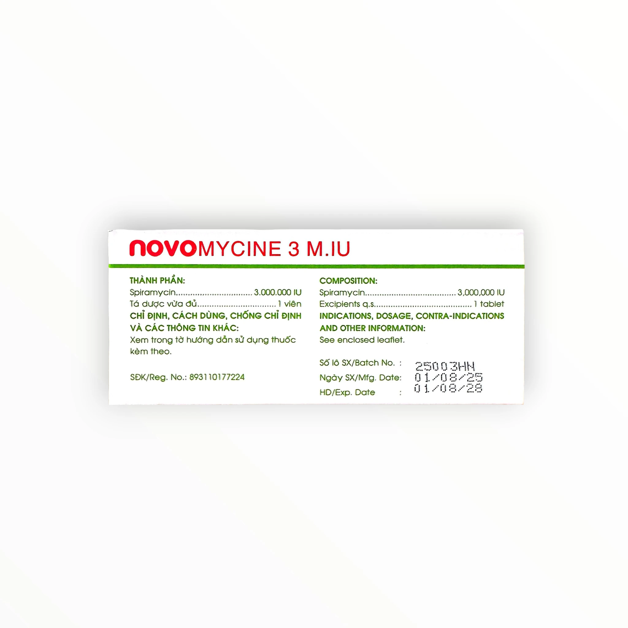 Viên nén bao phim Novomicine 3 Spiramycin 3.000.000 IU kháng khuẩn macrolid, trị nhiễm khuẩn hô hấp, dự phòng viêm màng não (Hộp 2 vỉ x 5 viên nén bao phim) 3 3 Novomicine 3
