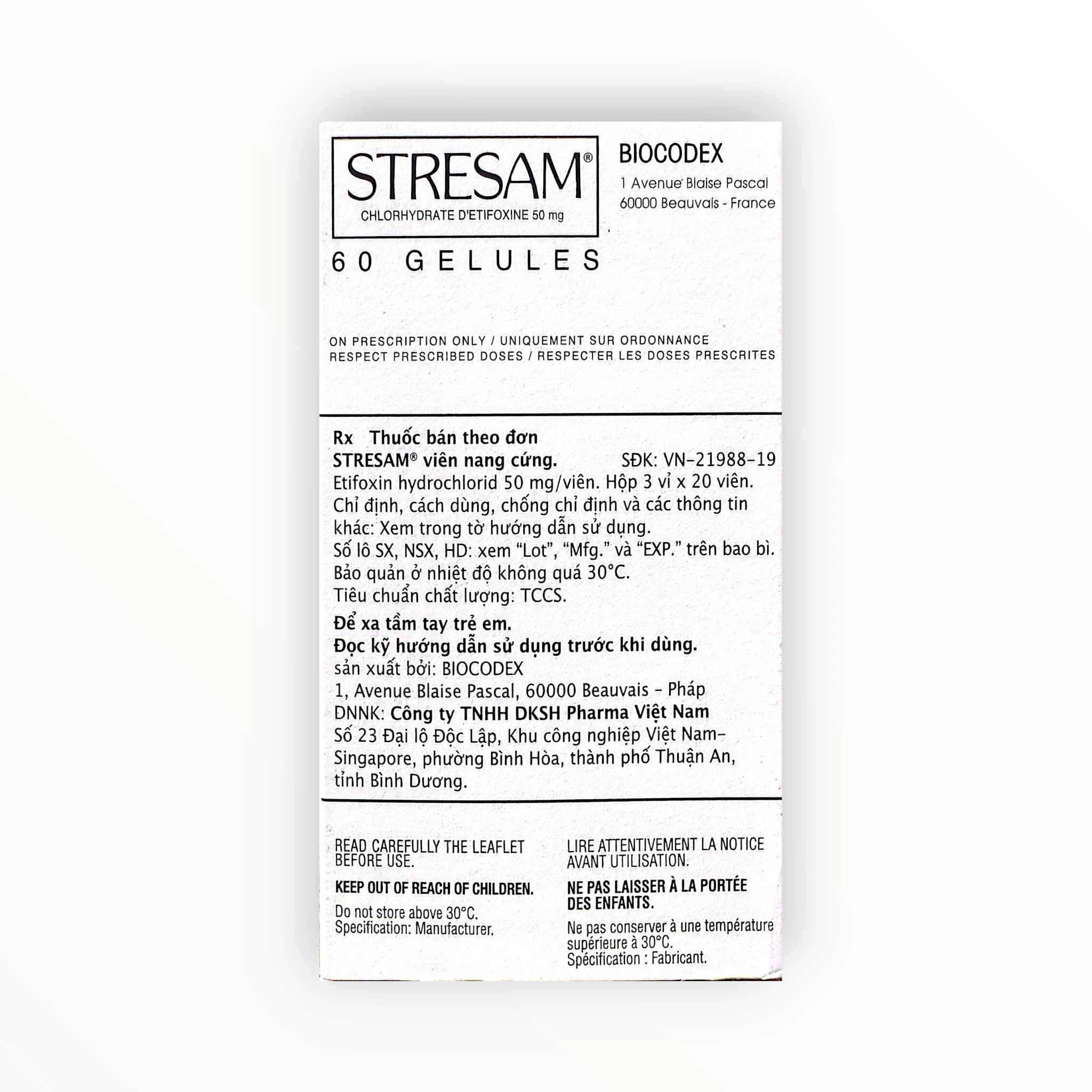 Viên nang cứng Stresam 50 Etifoxin 50 mg điều trị lo âu, căng thẳng (Hộp 3 vỉ x 20 viên nang cứng) 3 3 Stresam