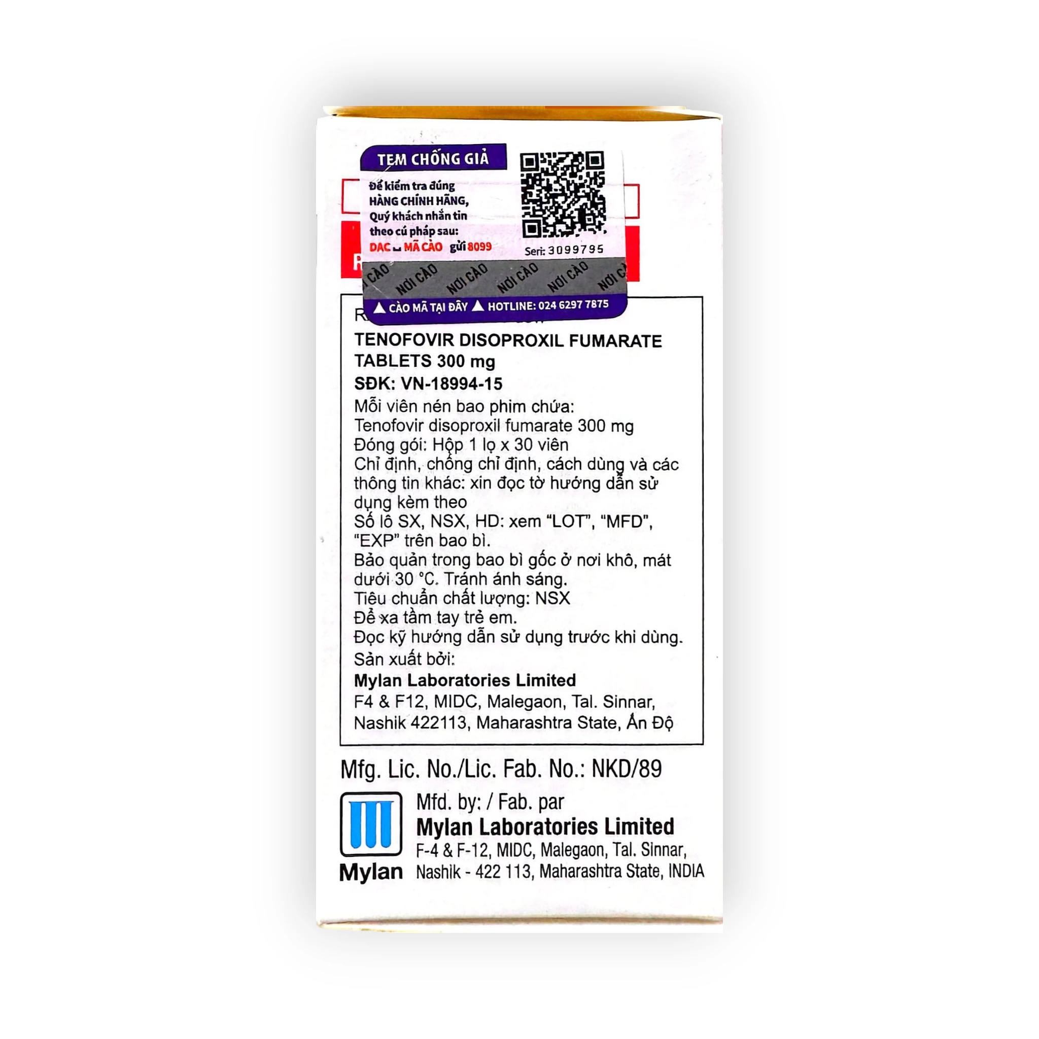 Viên nén bao phim Tenofovir 300 Milan Tenofovir disoproxil fumarate 300 mg điều trị HIV, viêm gan B (Hộp 1 lọ x 30 viên nén bao phim) 3 3 Tenofovir 300 Milan