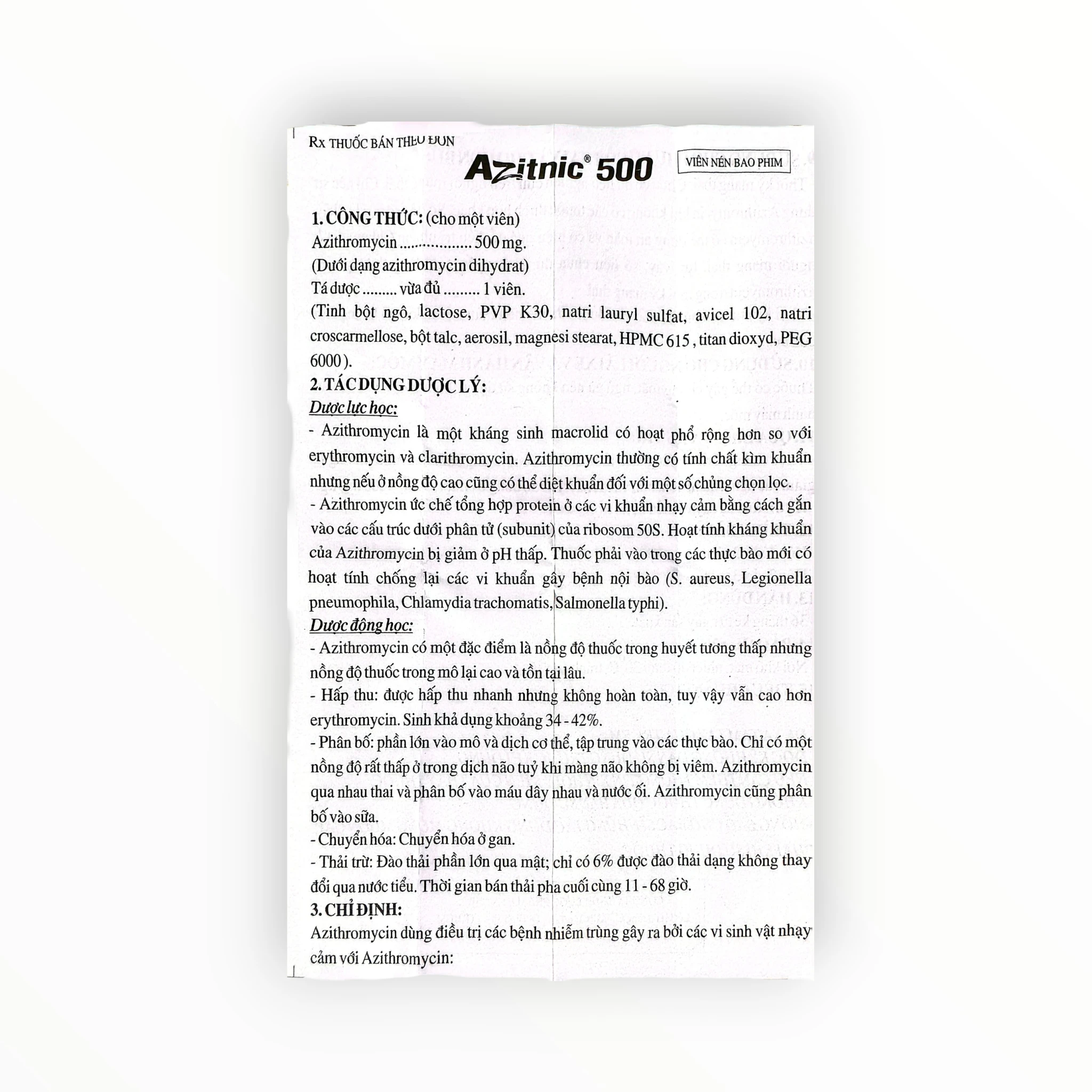 Viên nén bao phim Azitnic 500 Azithromycin 500mg kháng khuẩn macrolid, trị nhiễm khuẩn hô hấp, da, Chlamydia (Hộp 2 vỉ x 3 viên nén bao phim) 4 4 Azitnic 500