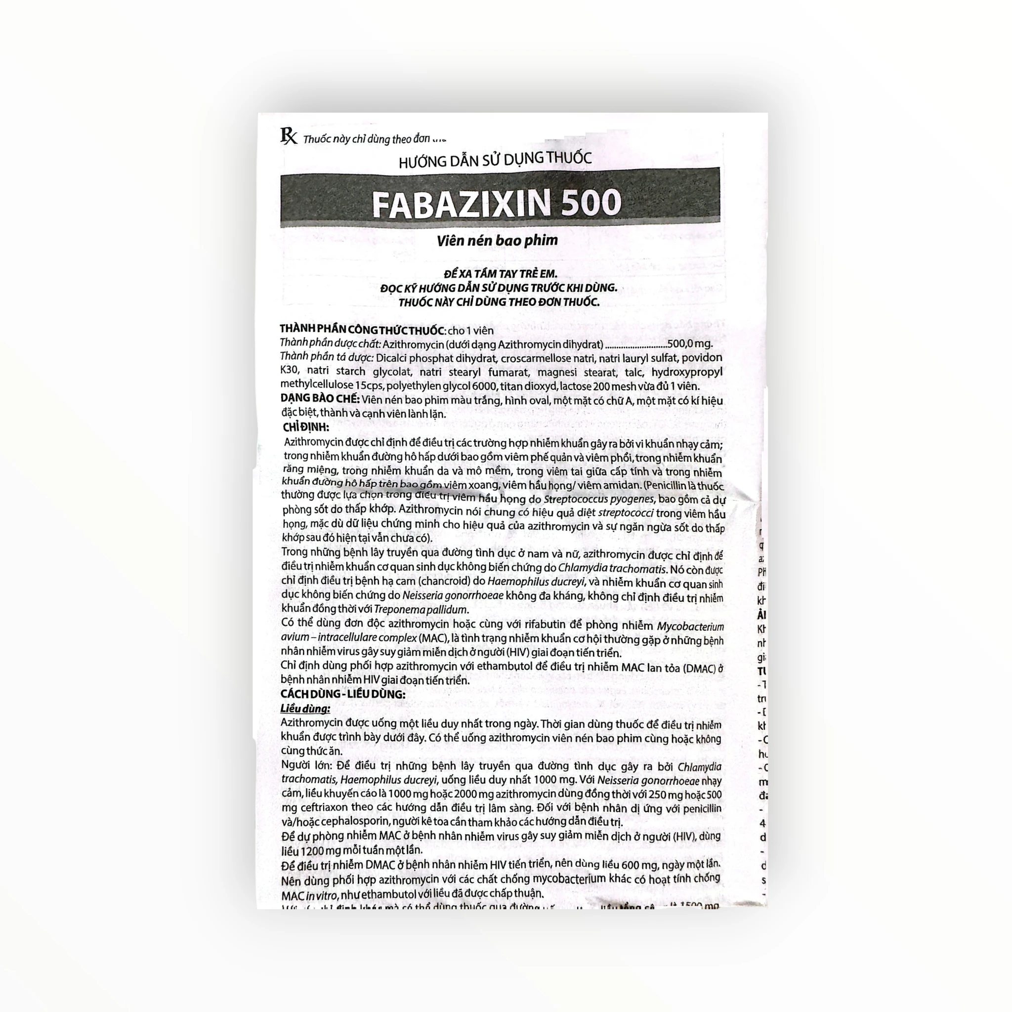 Viên nén bao phim Fabazixin 200 Azithromycin 500mg kháng khuẩn macrolid, trị nhiễm khuẩn hô hấp, da, Chlamydia (Hộp 1 vỉ x 3 viên nén bao phim) 4 4 Fabazixin 200