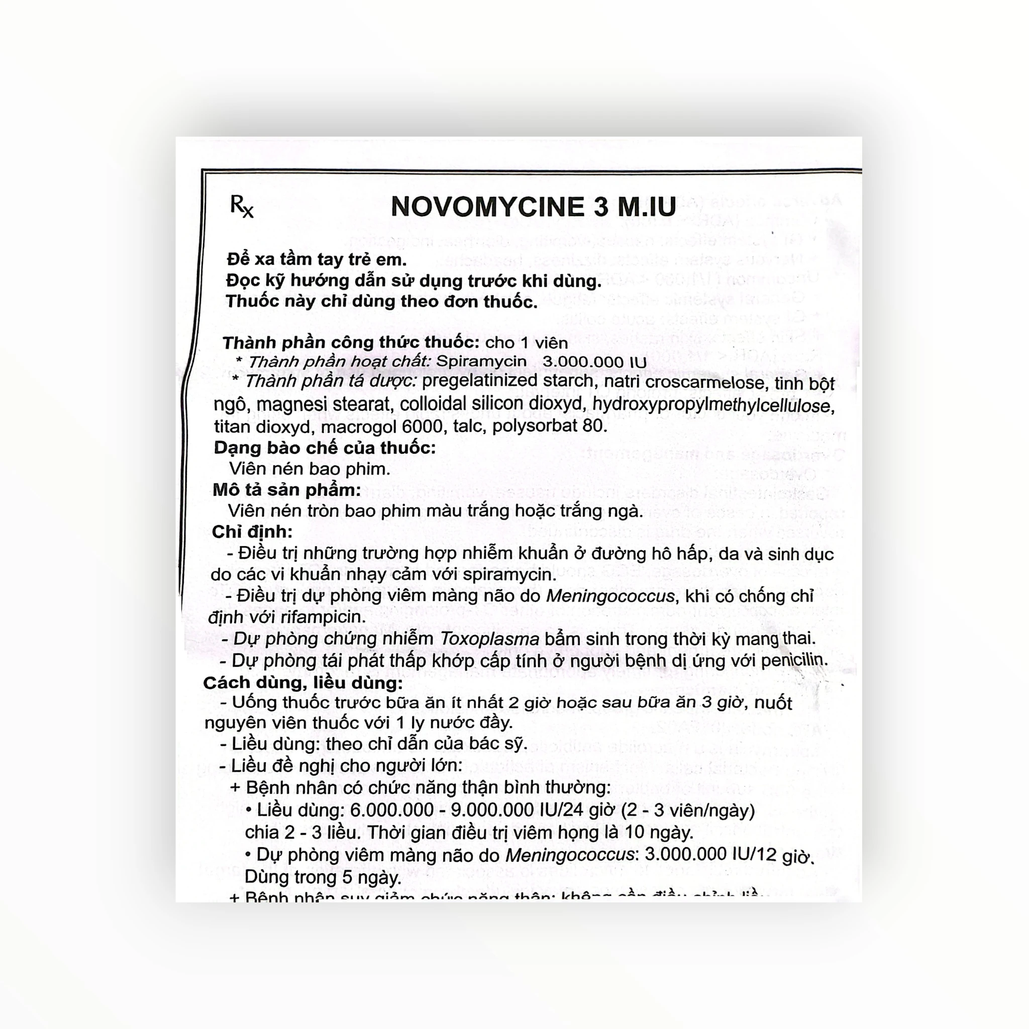 Viên nén bao phim Novomicine 3 Spiramycin 3.000.000 IU kháng khuẩn macrolid, trị nhiễm khuẩn hô hấp, dự phòng viêm màng não (Hộp 2 vỉ x 5 viên nén bao phim) 4 4 Novomicine 3
