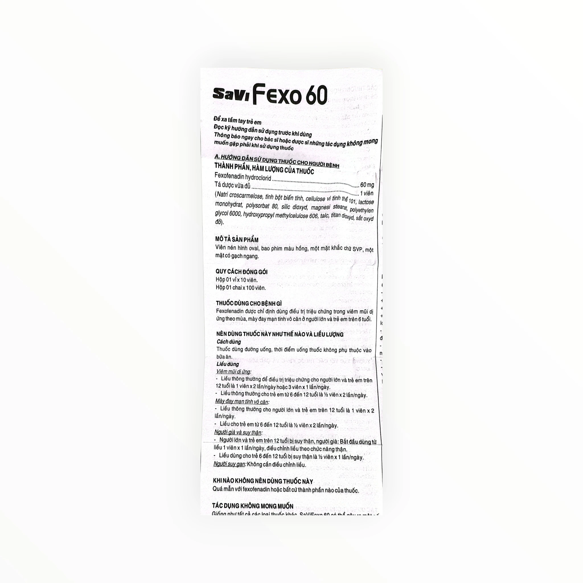 Thuốc Savi Fexo 60mg Fexofenadin hydrochlorid điều trị viêm mũi dị ứng và mày đay (Hộp 1 vỉ x 10 viên) 4 4 Savi Fexo 60