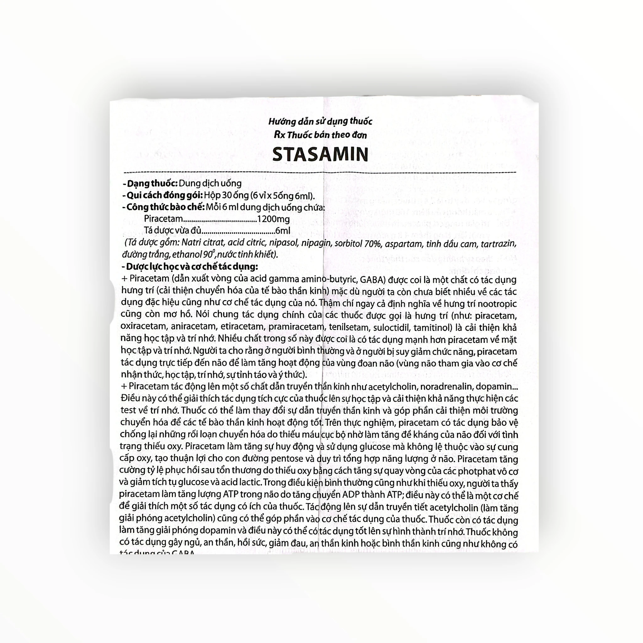 Dung dịch uống Stasamin Piracetam 1200 mg/6ml điều trị chóng mặt, suy giảm trí nhớ (Hộp 30 ống (6 vỉ x 5 ống 6ml)) 4 4 stasamin