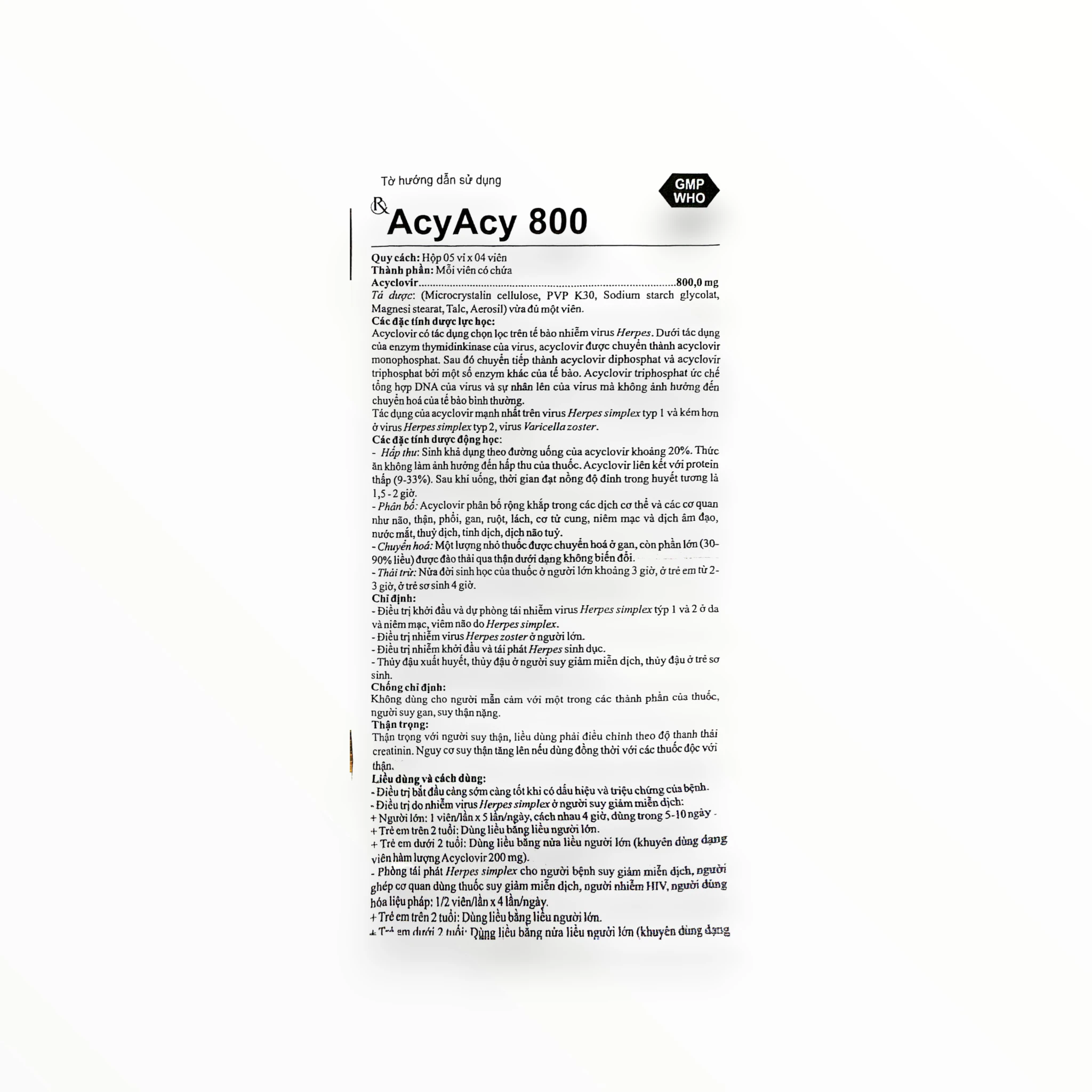 Viên nén Acycy 800 Acyclovir 800 mg kháng virus Herpes simplex, Herpes zoster, thủy đậu (Hộp 05 vỉ x 04 viên) 5 5 Acycy 800