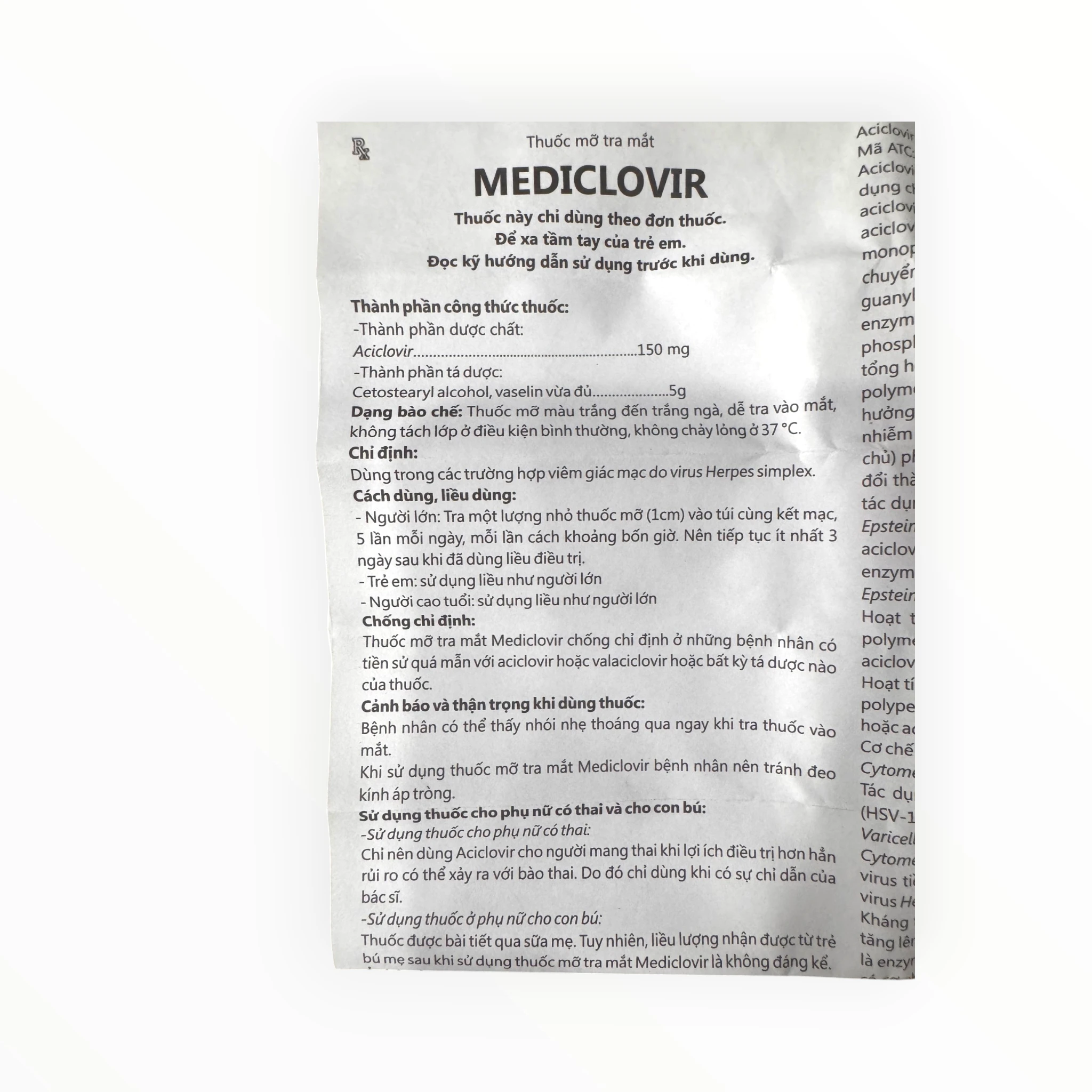 Thuốc mỡ tra mắt Mediclovir Aciclovir 3% (150mg) kháng virus Herpes, trị viêm giác mạc do Herpes simplex (Tuýp 5g) 5 5 Mediclovir