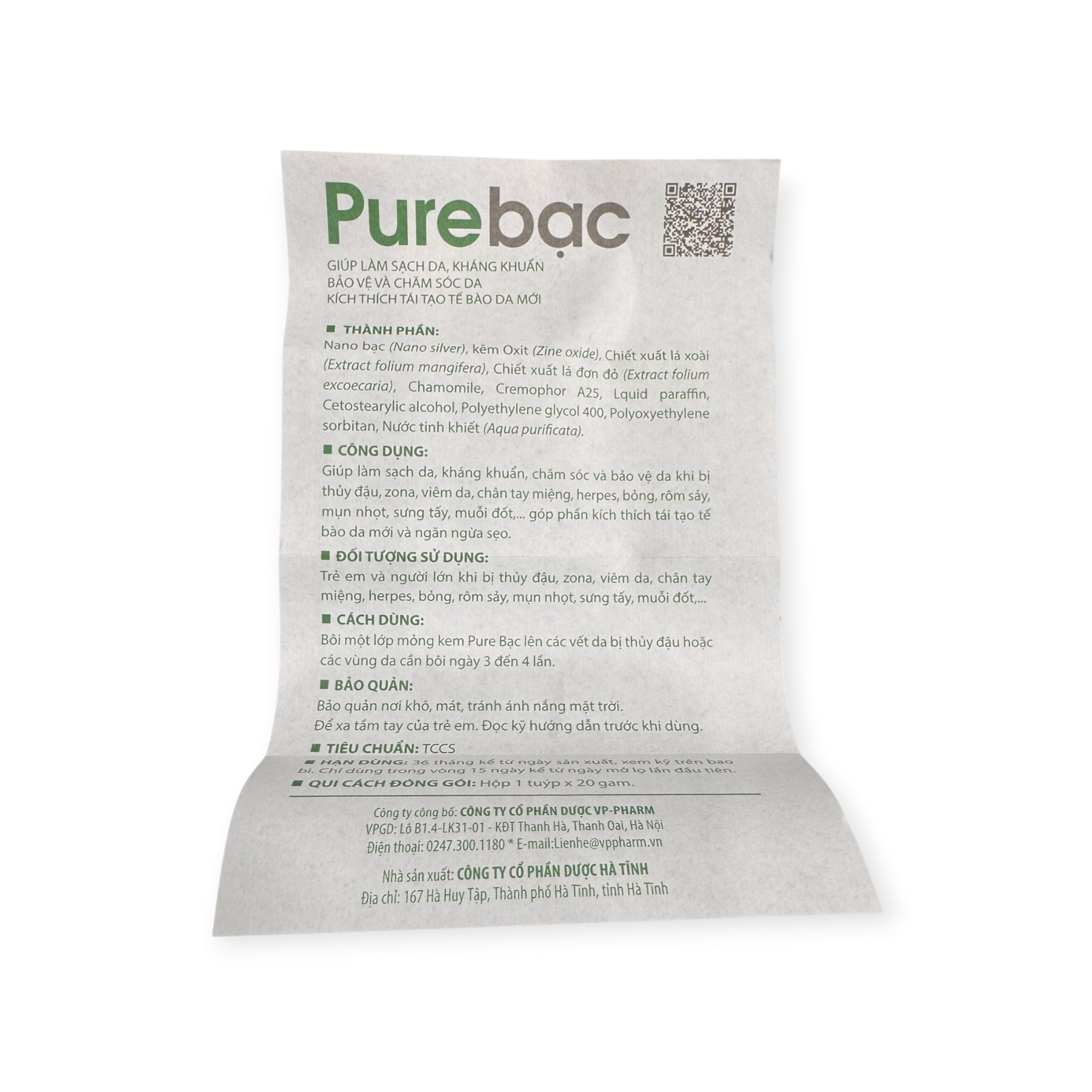 Kem Pure bạc (Purebac) Nano bạc, Kẽm Oxyd, Chiết xuất lá xoài, Chamomile làm sạch da, kháng khuẩn, chăm sóc thủy đậu, zona, viêm da (Tuýp 20g) 5 5 Pure bạc