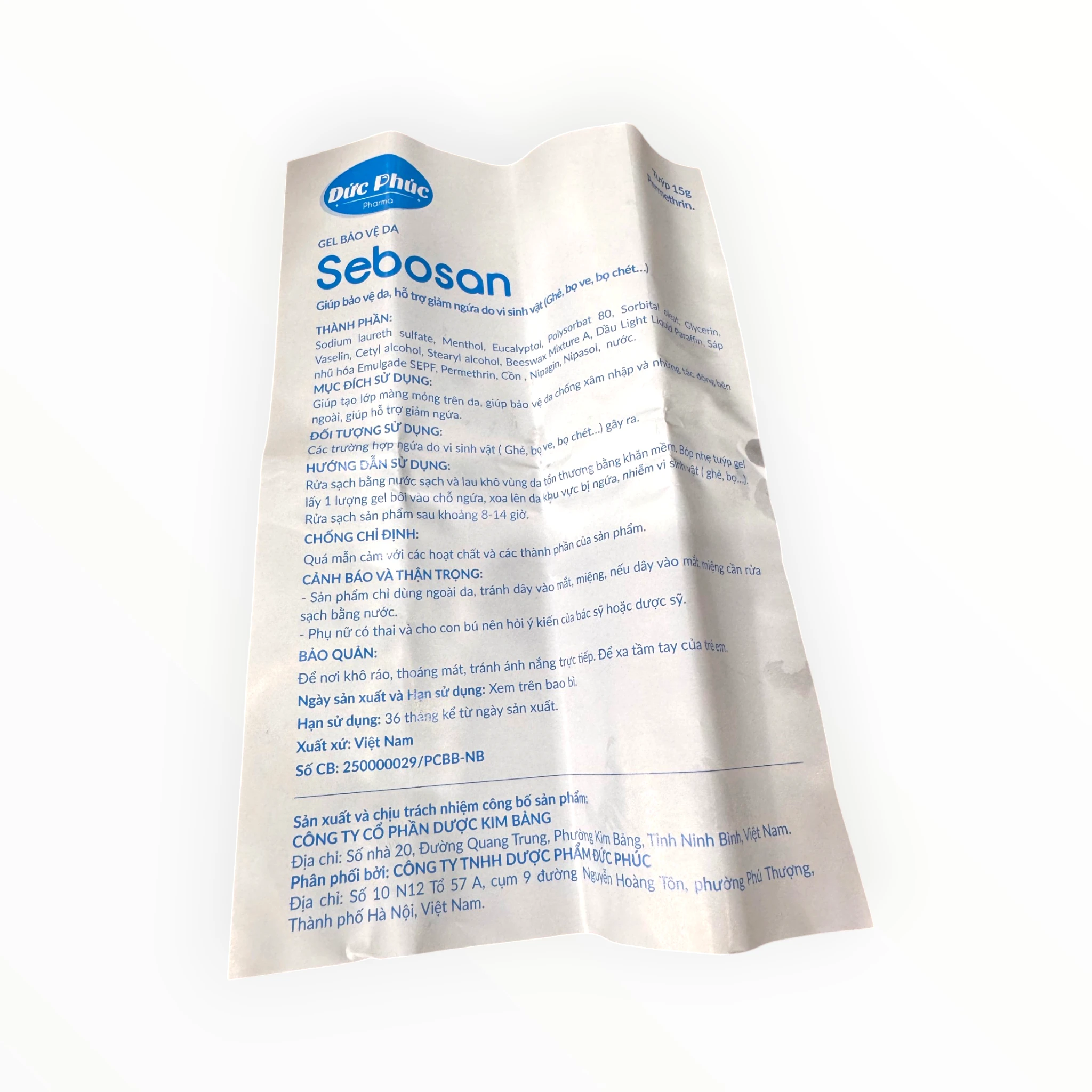 Gel Sebosan Gel bảo vệ da Permethrin, Menthol, Eucalyptol bảo vệ da, hỗ trợ giảm ngứa do vi sinh vật (Tuýp 15g) 5 5 Sebosan