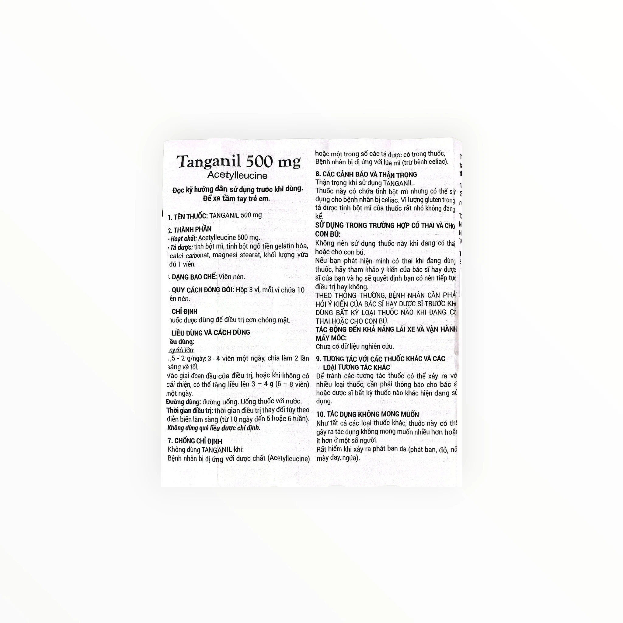 Thuốc Tanganil Acetylleucine 500 mg điều trị cơn chóng mặt (Hộp 3 vỉ x 10 viên) 5 5 Tanganil 500mg = (Tanganil 500mg =)