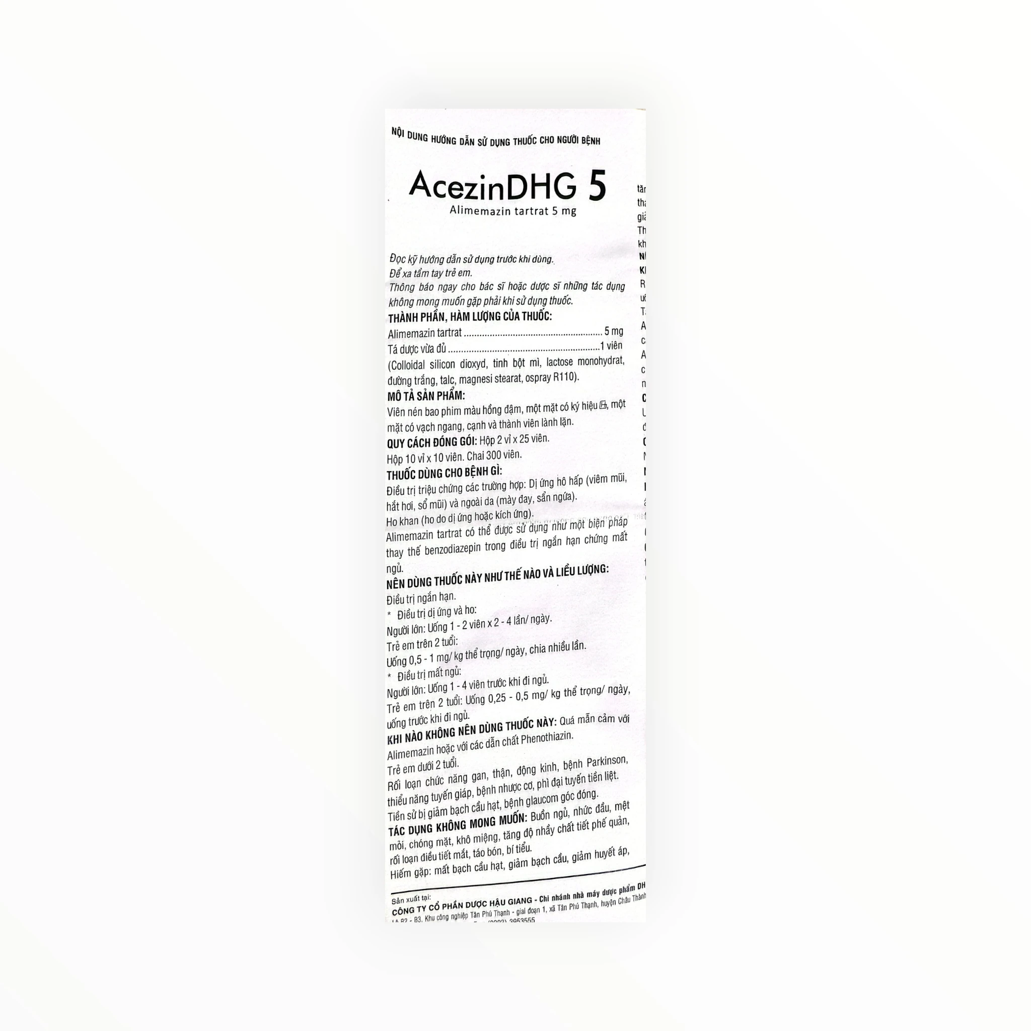 Thuốc AcezinDHG 5mg Alimemazin tartrat điều trị dị ứng và giảm ho (Hộp 2 vỉ x 25 viên) 6 6 Acezin 5