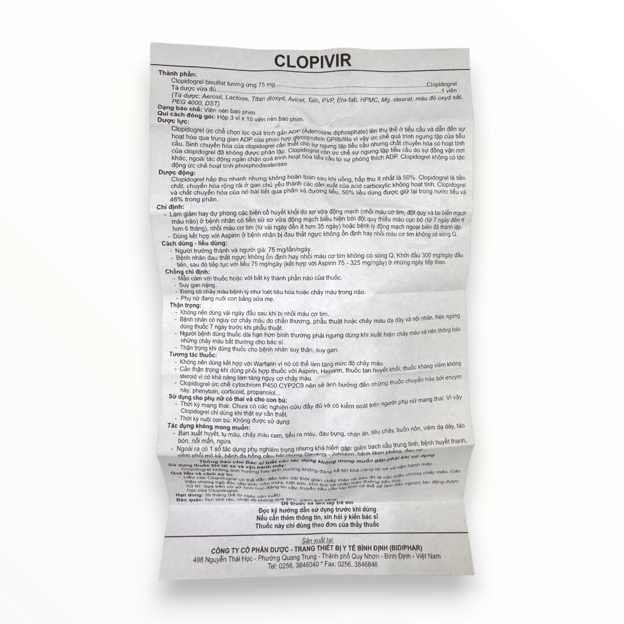 Viên nén bao phim Clopivir Bidiphar Dự phòng biến cố huyết khối do xơ vữa động mạch (Hộp 3 vỉ x 10 viên nén bao phim) 5 Clopivir (5)