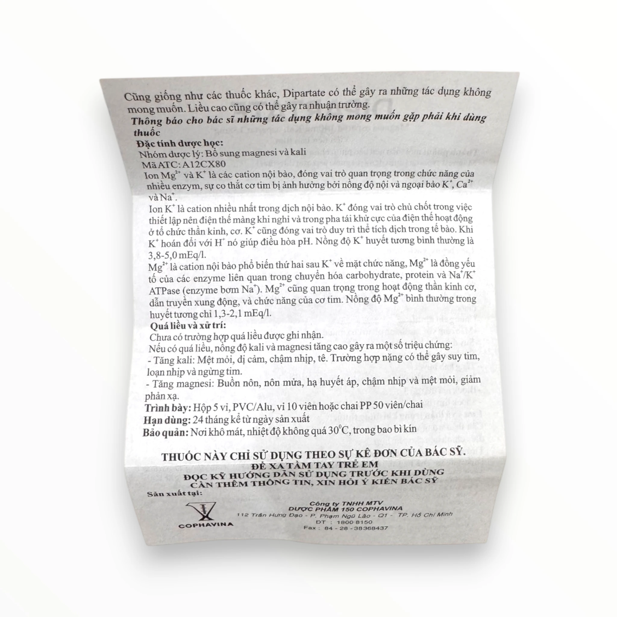 Viên nén bao phim Dipartate Cophavina Bổ sung magnesi và kali, hỗ trợ điều trị bệnh tim (Hộp 5 vỉ x 10 viên nén bao phim) 6 Dipartate (6)