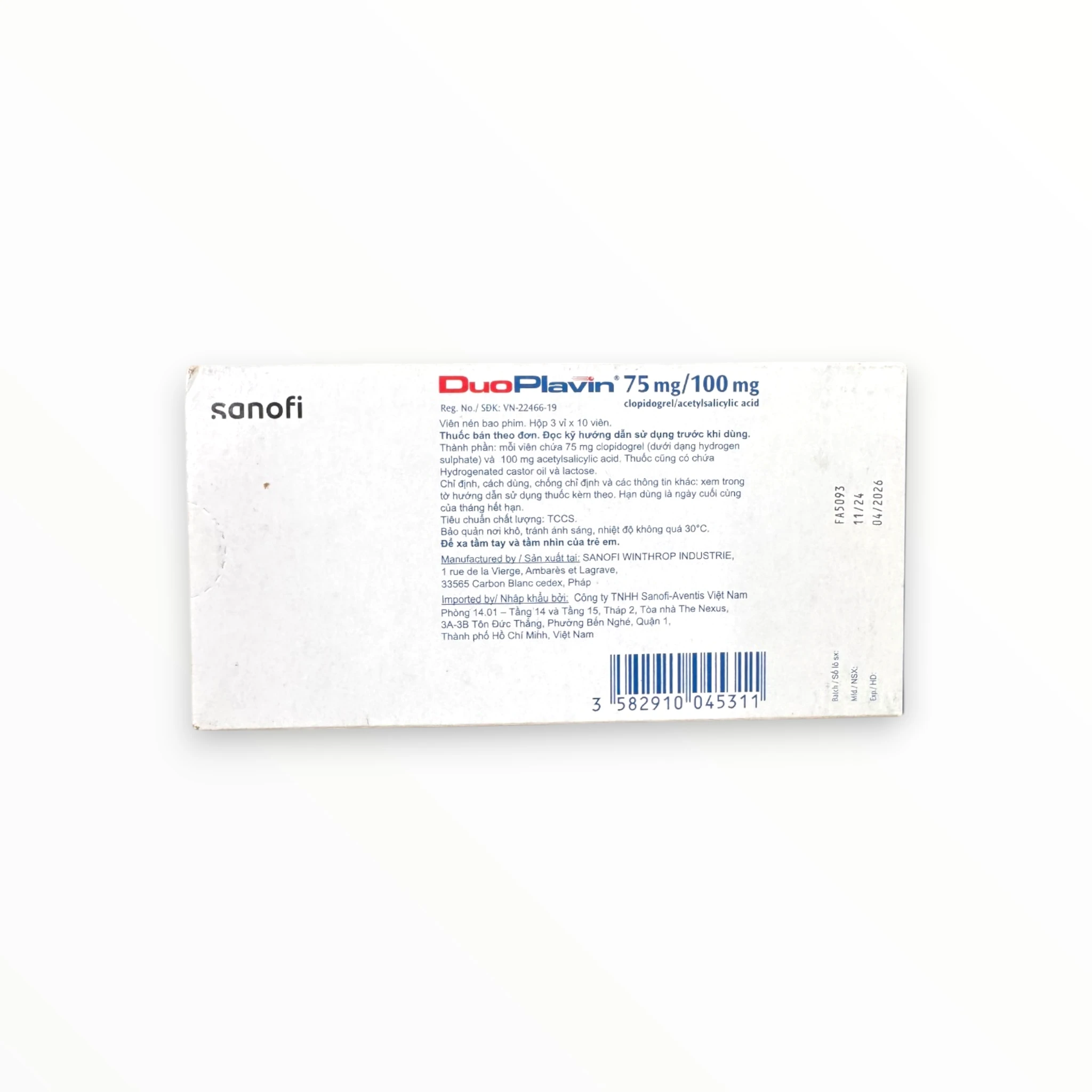 Viên nén bao phim DuoPlavin 75mg/100mg Sanofi Phòng ngừa huyết khối, đau thắt ngực, nhồi máu cơ tim (Hộp 3 vỉ x 10 viên nén bao phim) 2 DuoPlanvin (2)