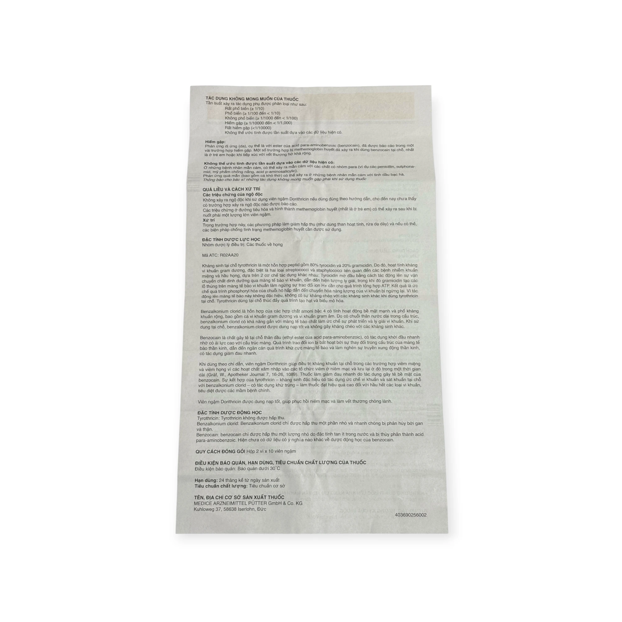 Viên ngậm Dorithricin Medice (Tyrothricin, Benzalkonium, Benzocain) trị đau viêm họng (Hộp 2 vỉ x 10 viên) 5 Viên ngậm Dorithricin Medice (Tyrothricin, Benzalkonium, Benzocain) trị đau viêm họng (Hộp 2 vỉ x 10 viên) - Ảnh 5