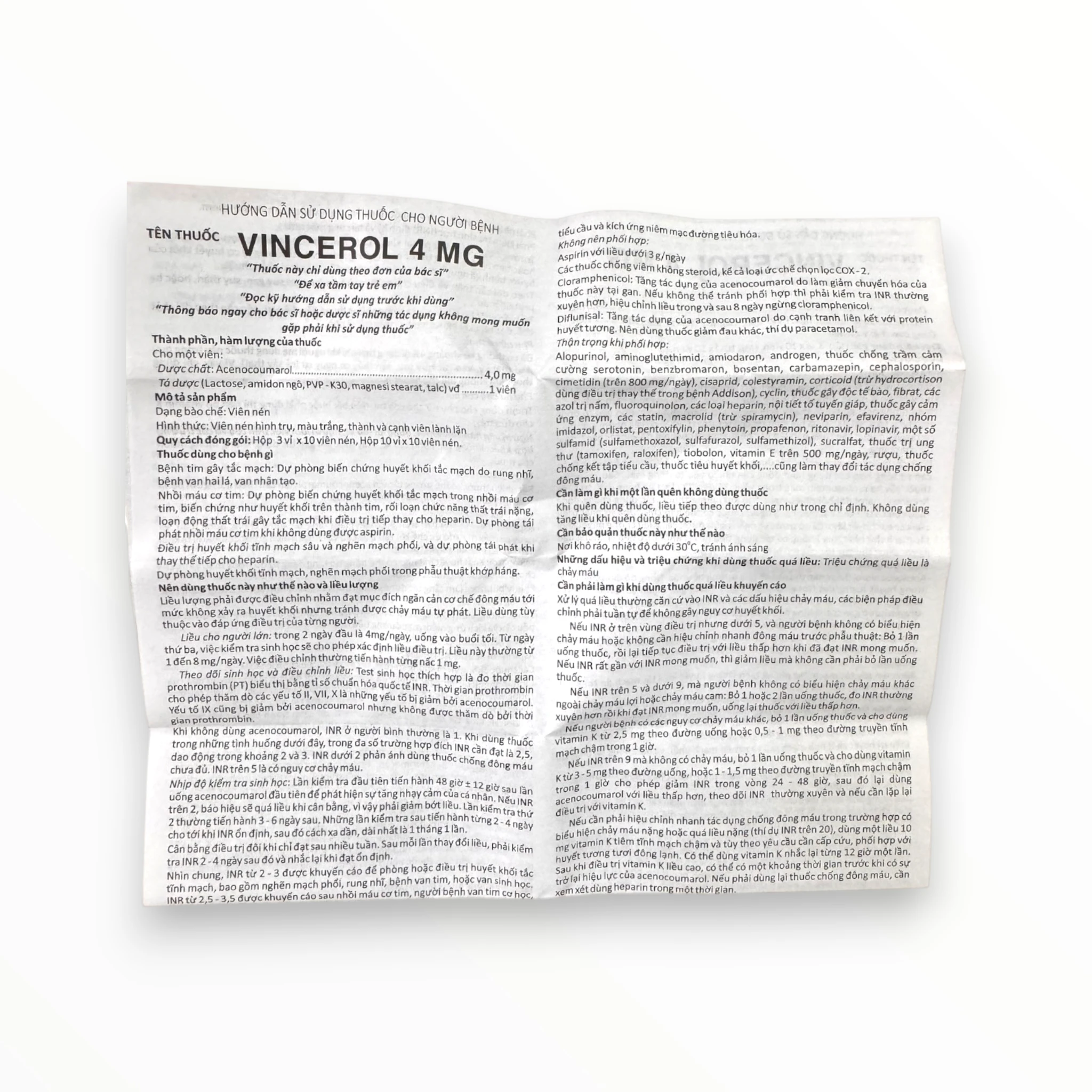 Viên nén Vincerol 4mg dự phòng và điều trị huyết khối tắc mạch, kháng đông (Hộp 10 vỉ x 10 viên nén) 3 Vincerol 4mg (3)