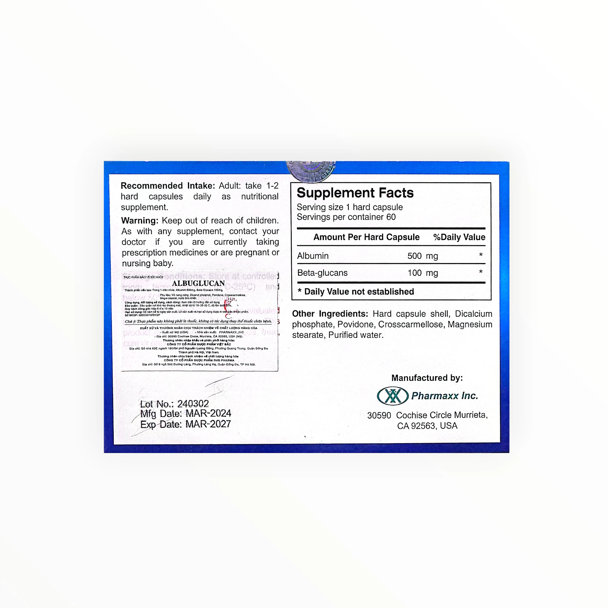 Viên uống Albuglucan Albumin 500mg + Beta-glucans 100mg hỗ trợ tăng cường miễn dịch (Hộp 60 viên) 2 Viên uống Albuglucan Albumin 500mg + Beta-glucans 100mg hỗ trợ tăng cường miễn dịch (Hộp 60 viên) - hộp 2