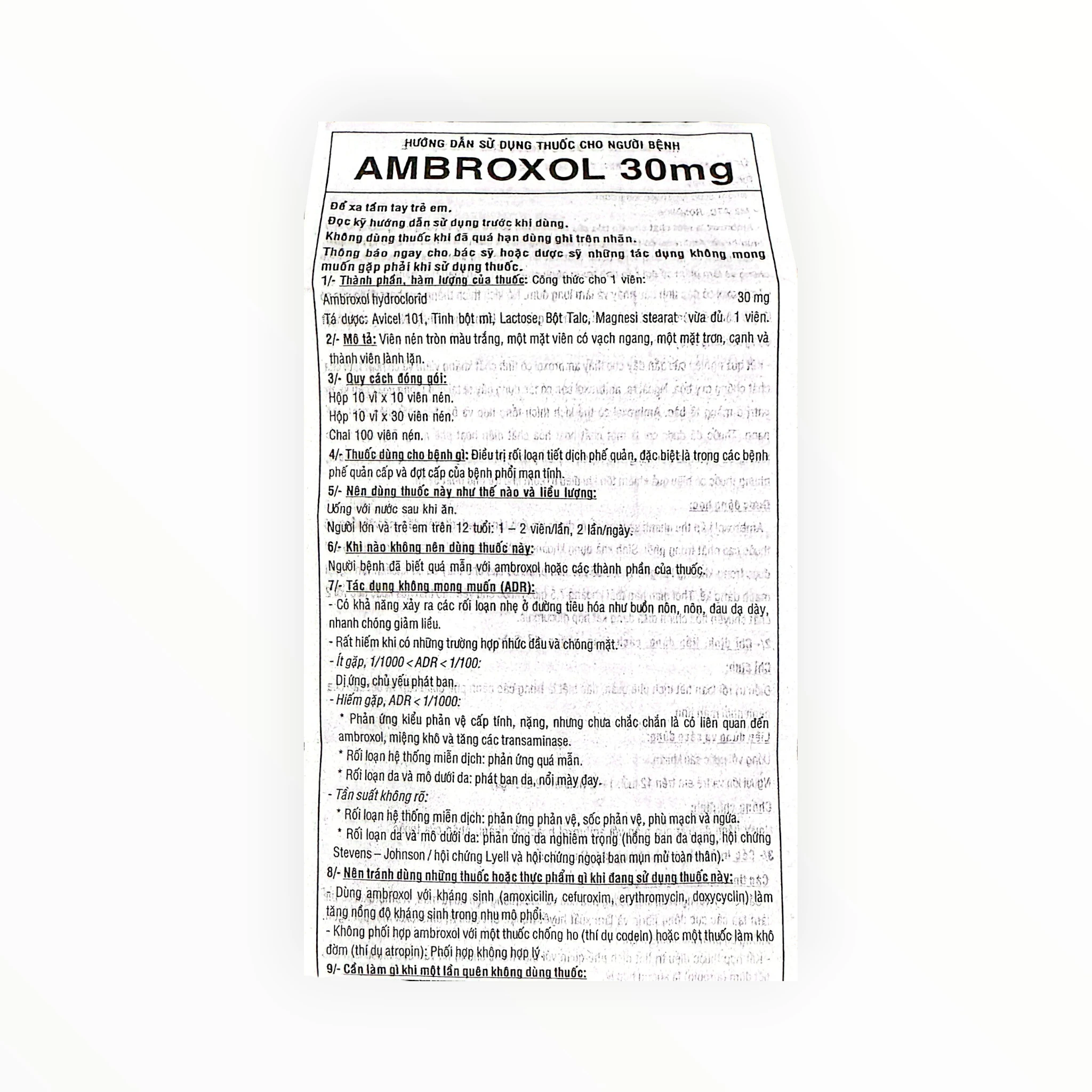 Thuốc Ambroxol 30mg Tipharco trị rối loạn tiết dịch phế quản (Hộp 10 vỉ x 10 viên) 4 Thuốc Ambroxol 30mg Tipharco trị rối loạn tiết dịch phế quản (Hộp 10 vỉ x 10 viên) - tờ hướng dẫn sử dụng 1