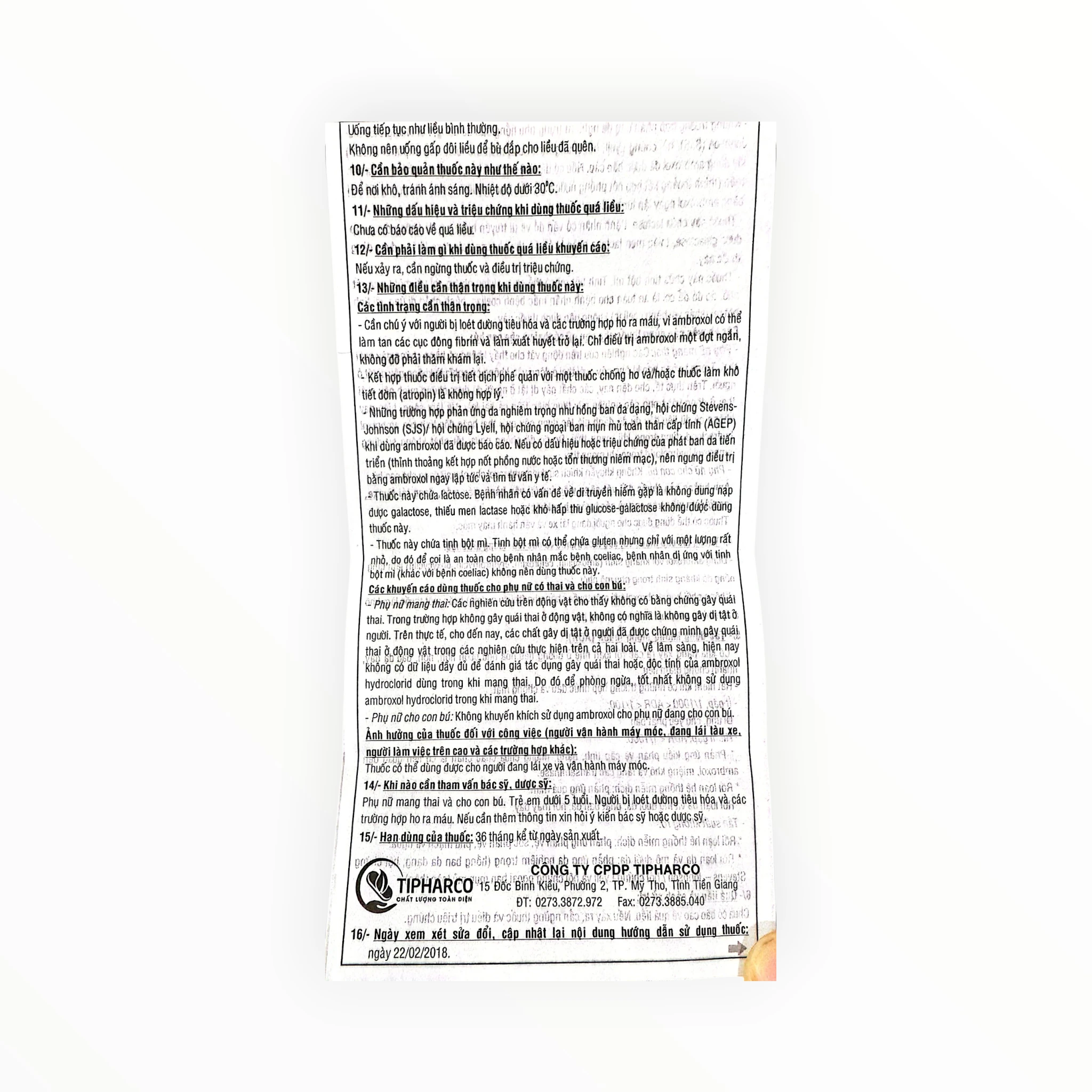 Thuốc Ambroxol 30mg Tipharco trị rối loạn tiết dịch phế quản (Hộp 10 vỉ x 10 viên) 5 Thuốc Ambroxol 30mg Tipharco trị rối loạn tiết dịch phế quản (Hộp 10 vỉ x 10 viên) - tờ hướng dẫn sử dụng 2