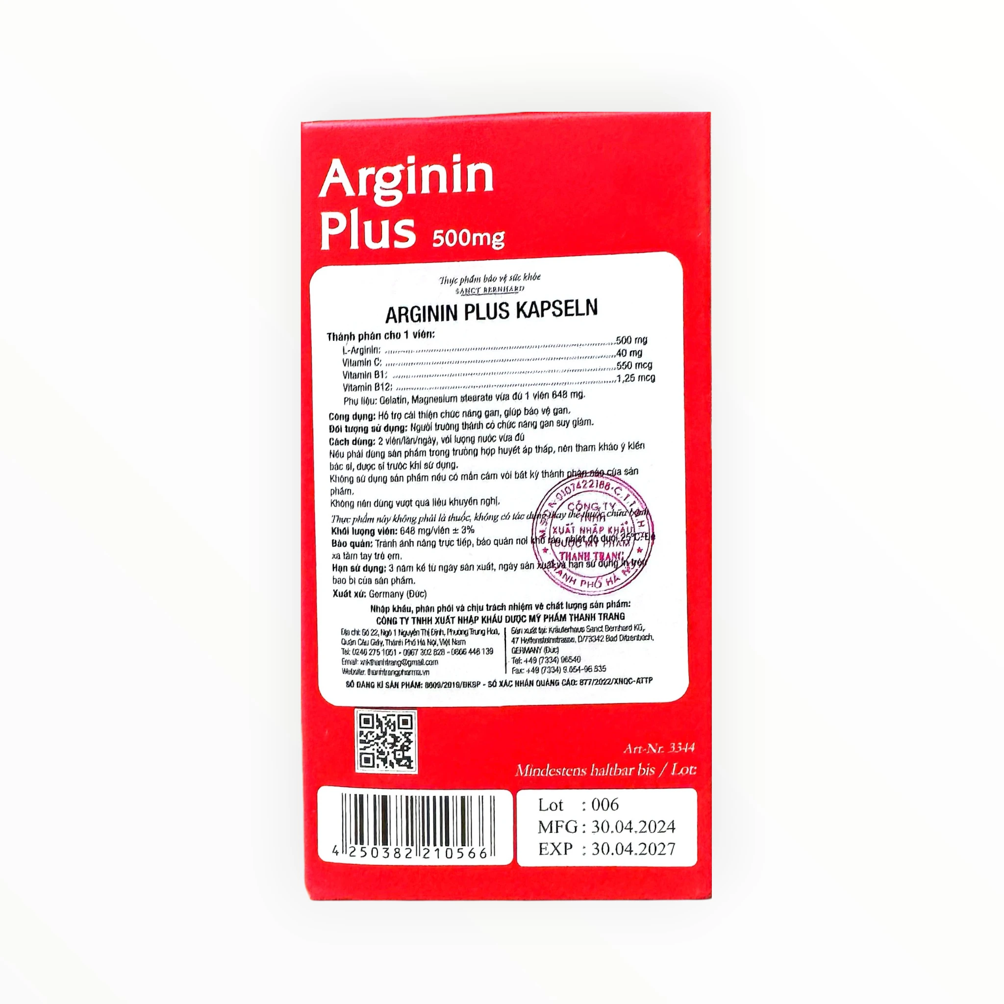 Viên nang Arginin Plus 500mg hỗ trợ cải thiện chức năng gan (Hộp 60 viên) 2 Arginin Plus 500mg Sanct Bernhard - hộp 2