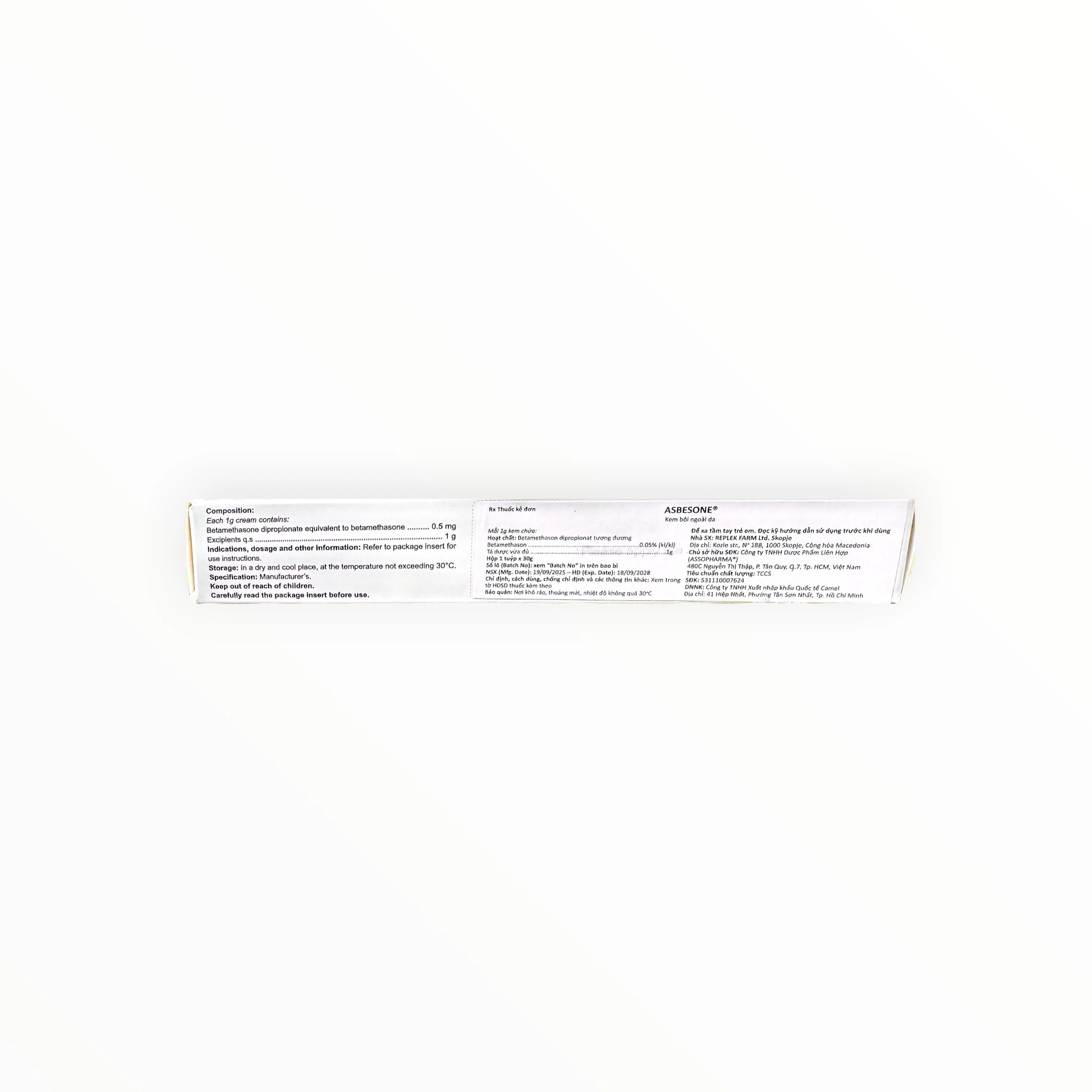 Kem bôi da Asbesone Betamethason dipropionat 0,5mg/g chống viêm, trị chàm, viêm da, vảy nến da đầu (Tuýp 30g) 2 Kem bôi da Asbesone Betamethason dipropionat 0,5mg/g chống viêm, trị chàm, viêm da, vảy nến da đầu (Tuýp 30g) - hộp 2