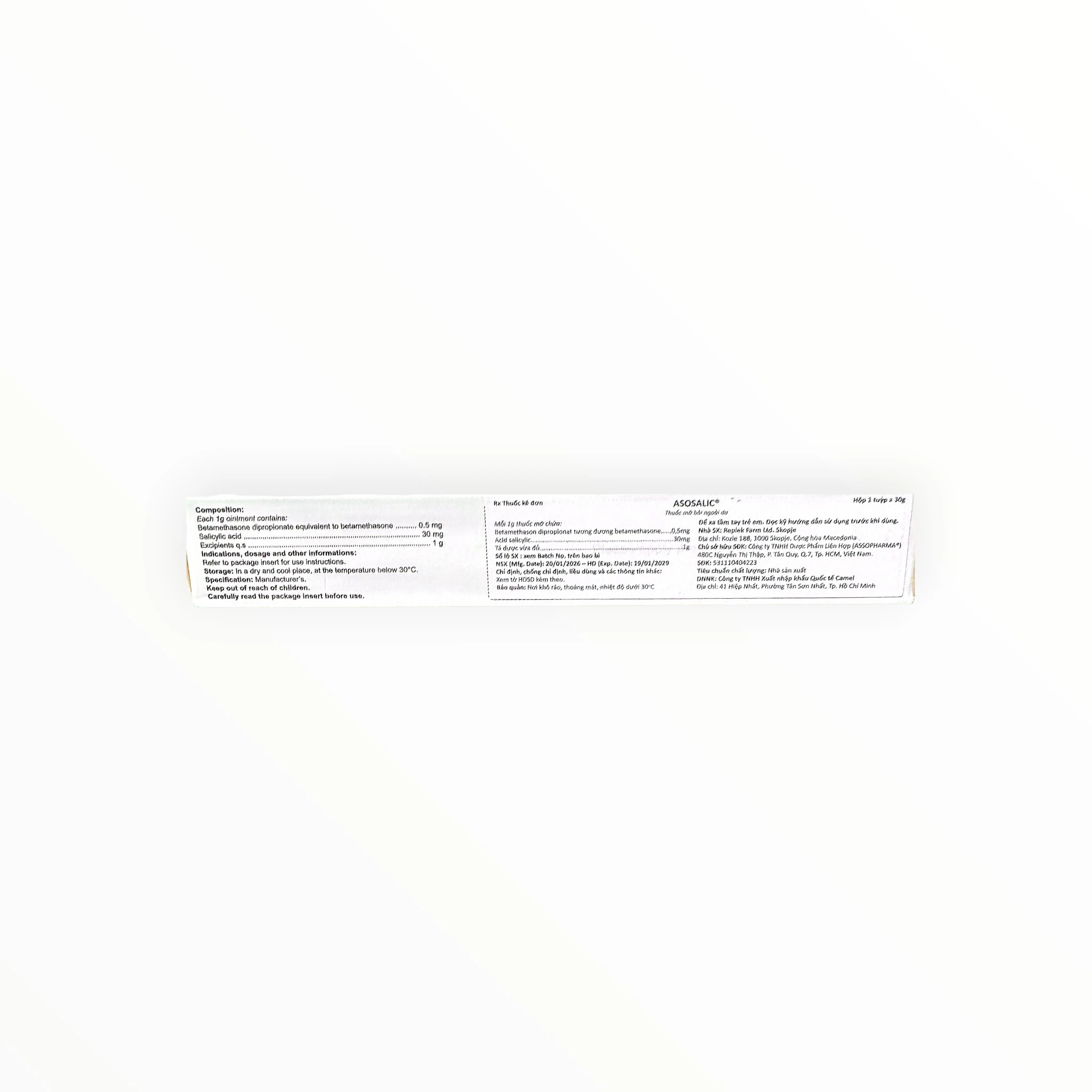 Thuốc mỡ Asosalic Betamethason dipropionat 0,5mg, Acid salicylic 30mg/g trị bệnh sừng hóa và khô da (Tuýp 30g) 2 Thuốc mỡ Asosalic Betamethason dipropionat 0,5mg, Acid salicylic 30mg/g trị bệnh sừng hóa và khô da (Tuýp 30g) - hộp 2