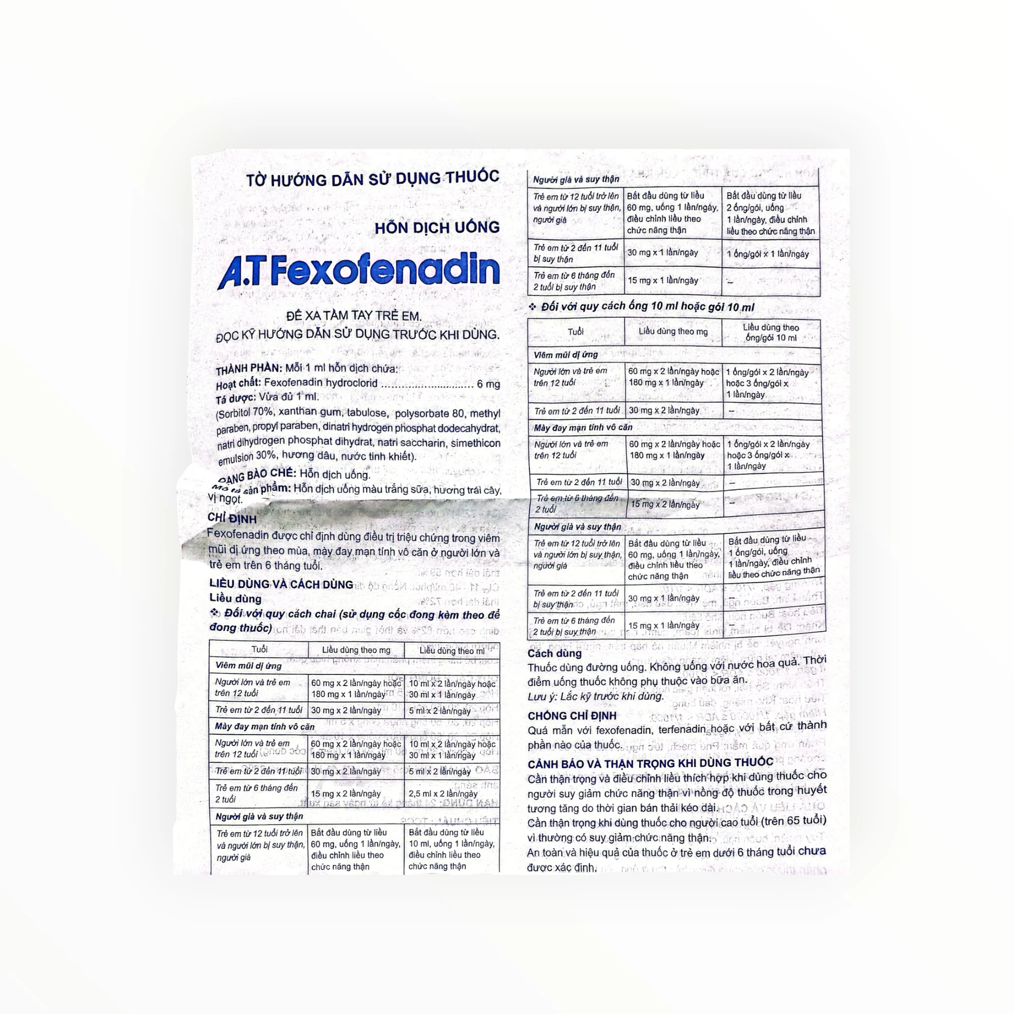 Hỗn dịch uống AT Fexofenadin Fexofenadin 6mg/ml trị viêm mũi dị ứng theo mùa, mày đay mạn tính vô căn (Hộp 1 chai 30ml) 5 at fexofenadin 5 1