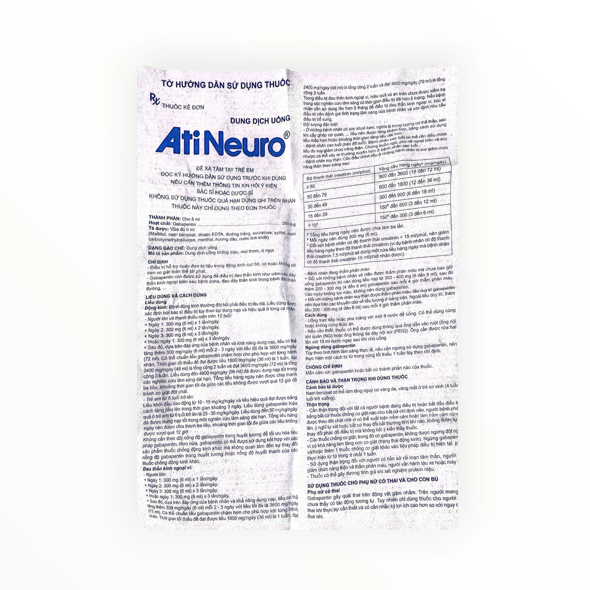 Thuốc dung dịch uống Ati Neuro Gabapentin 250mg/5ml điều trị động kinh, đau thần kinh ngoại vi (Hộp 20 ống x 5ml) 4 Thuốc dung dịch uống Ati Neuro Gabapentin 250mg/5ml điều trị động kinh, đau thần kinh ngoại vi (Hộp 20 ống x 5ml) - tờ hướng dẫn sử dụng 1