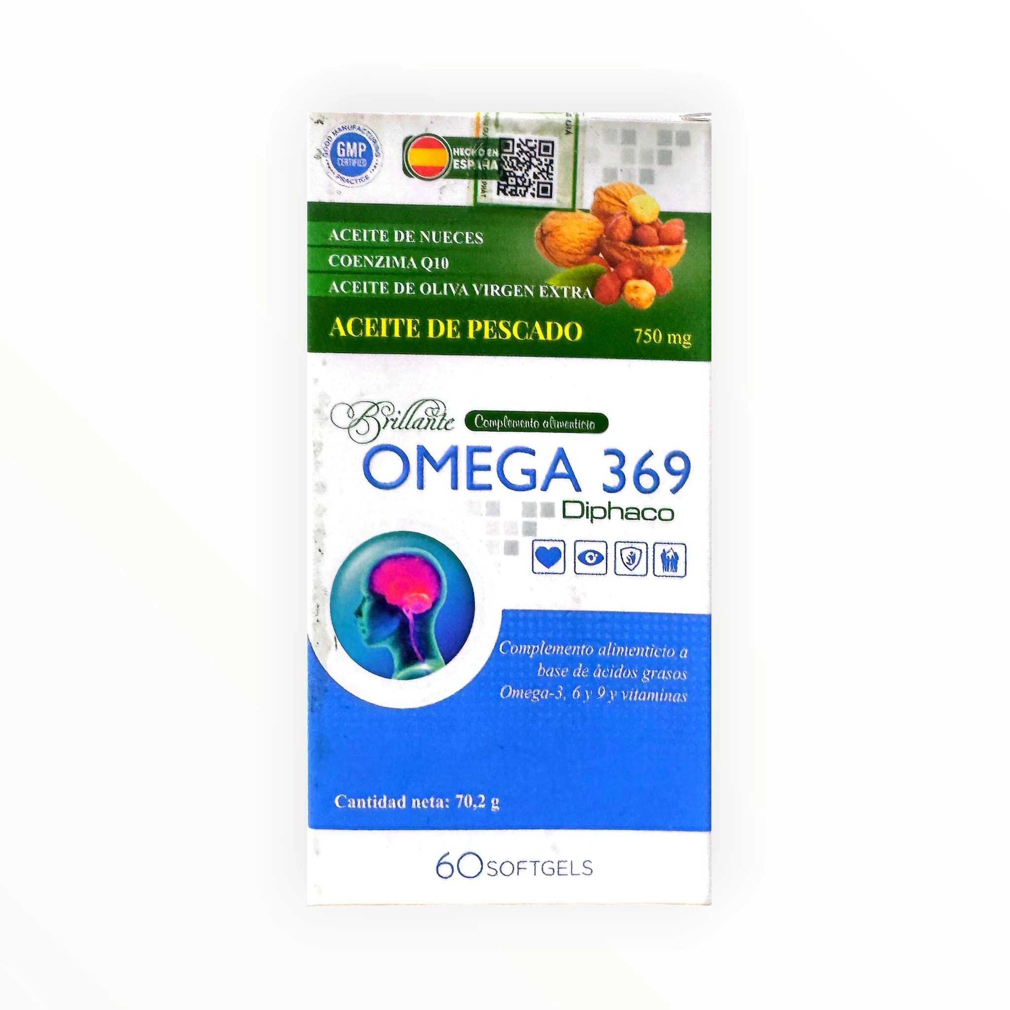 Viên nang mềm Brillante Omega 369 Diphaco dầu cá 750mg, dầu óc chó, dầu oliu hỗ trợ não bộ, mắt, tim mạch (Hộp 60 viên) 1 Viên nang mềm Brillante Omega 369 Diphaco dầu cá 750mg, dầu óc chó, dầu oliu hỗ trợ não bộ, mắt, tim mạch (Hộp 60 viên) - hộp 1