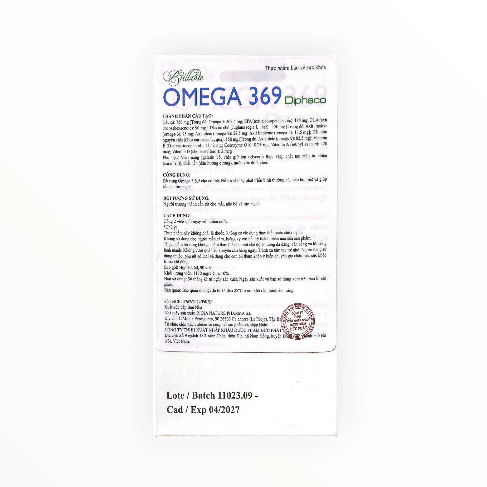 Viên nang mềm Brillante Omega 369 Diphaco dầu cá 750mg, dầu óc chó, dầu oliu hỗ trợ não bộ, mắt, tim mạch (Hộp 60 viên) 2 Viên nang mềm Brillante Omega 369 Diphaco dầu cá 750mg, dầu óc chó, dầu oliu hỗ trợ não bộ, mắt, tim mạch (Hộp 60 viên) - hộp 2