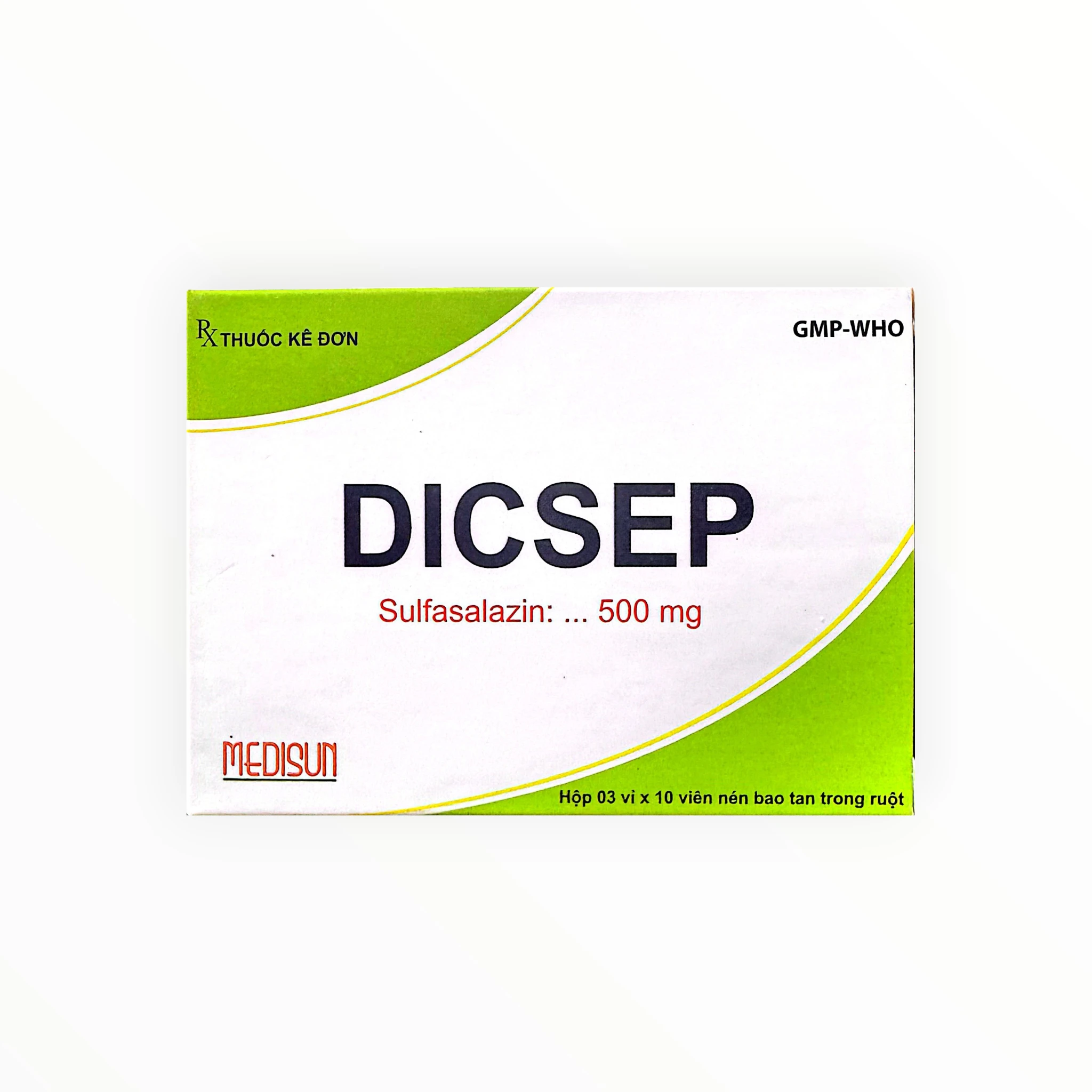 Thuốc viên nén Dicsep 500 Sulfasalazin 500mg điều trị viêm loét đại tràng, bệnh Crohn, viêm khớp dạng thấp (Hộp 3 vỉ x 10 viên) 1 Thuốc viên nén Dicsep 500 Sulfasalazin 500mg điều trị viêm loét đại tràng, bệnh Crohn, viêm khớp dạng thấp (Hộp 3 vỉ x 10 viên) - hộp 1